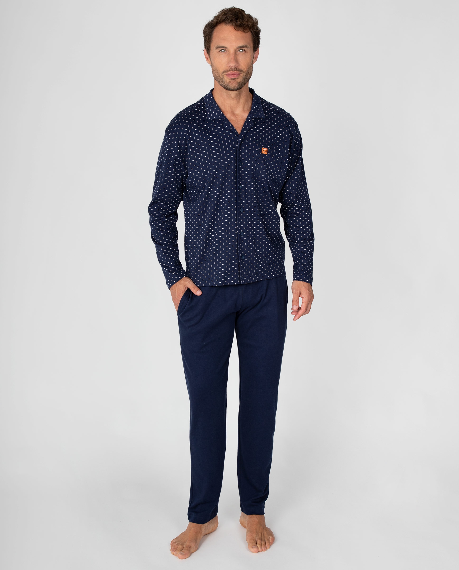 Imagen 1 de Pijama de hombre con camiseta abotonada estampada y pantalón liso con bolsillos Azul