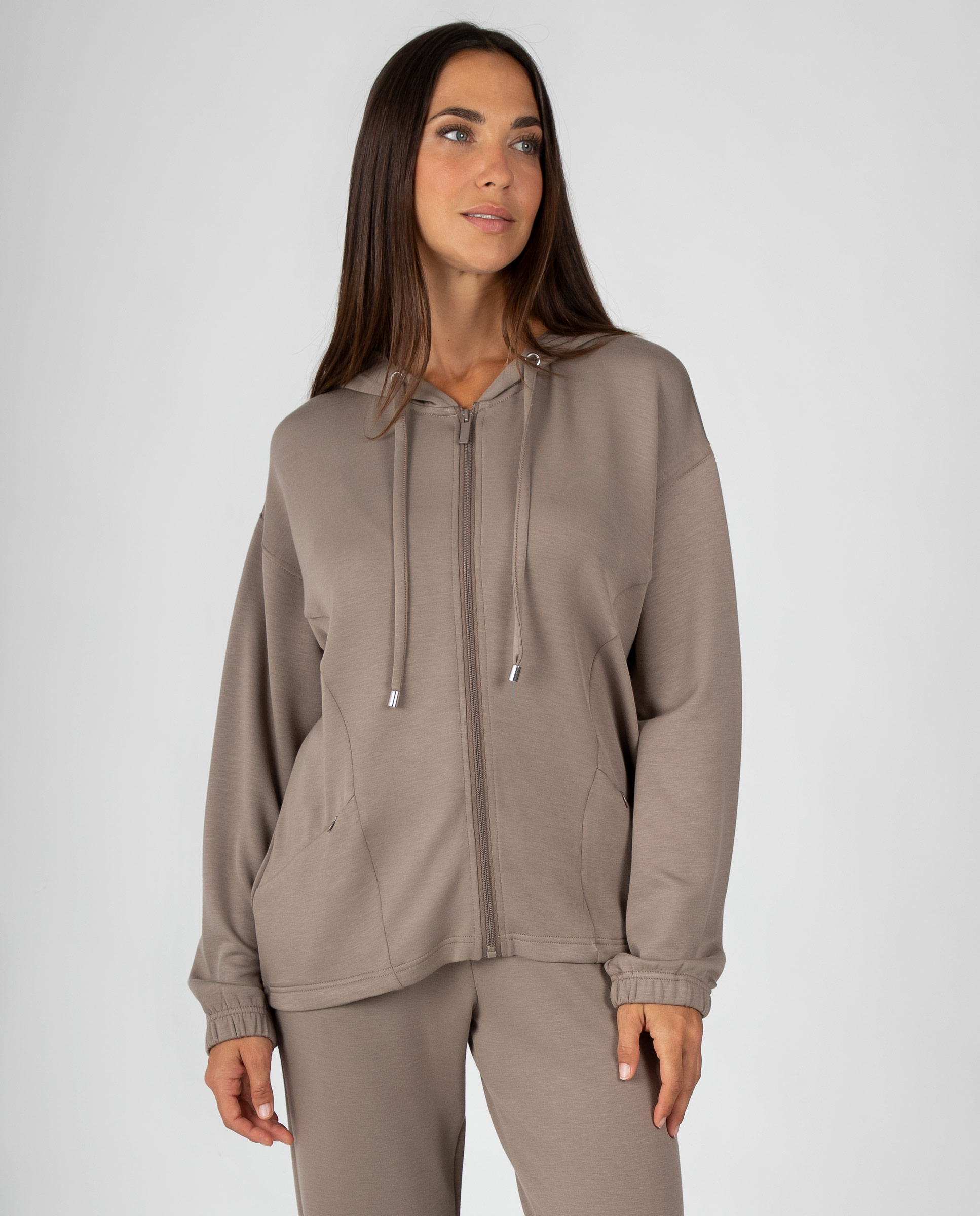 Chaqueta de chándal de mujer con capucha y bolsillos con cremallera - Massana - Visón Visón-1