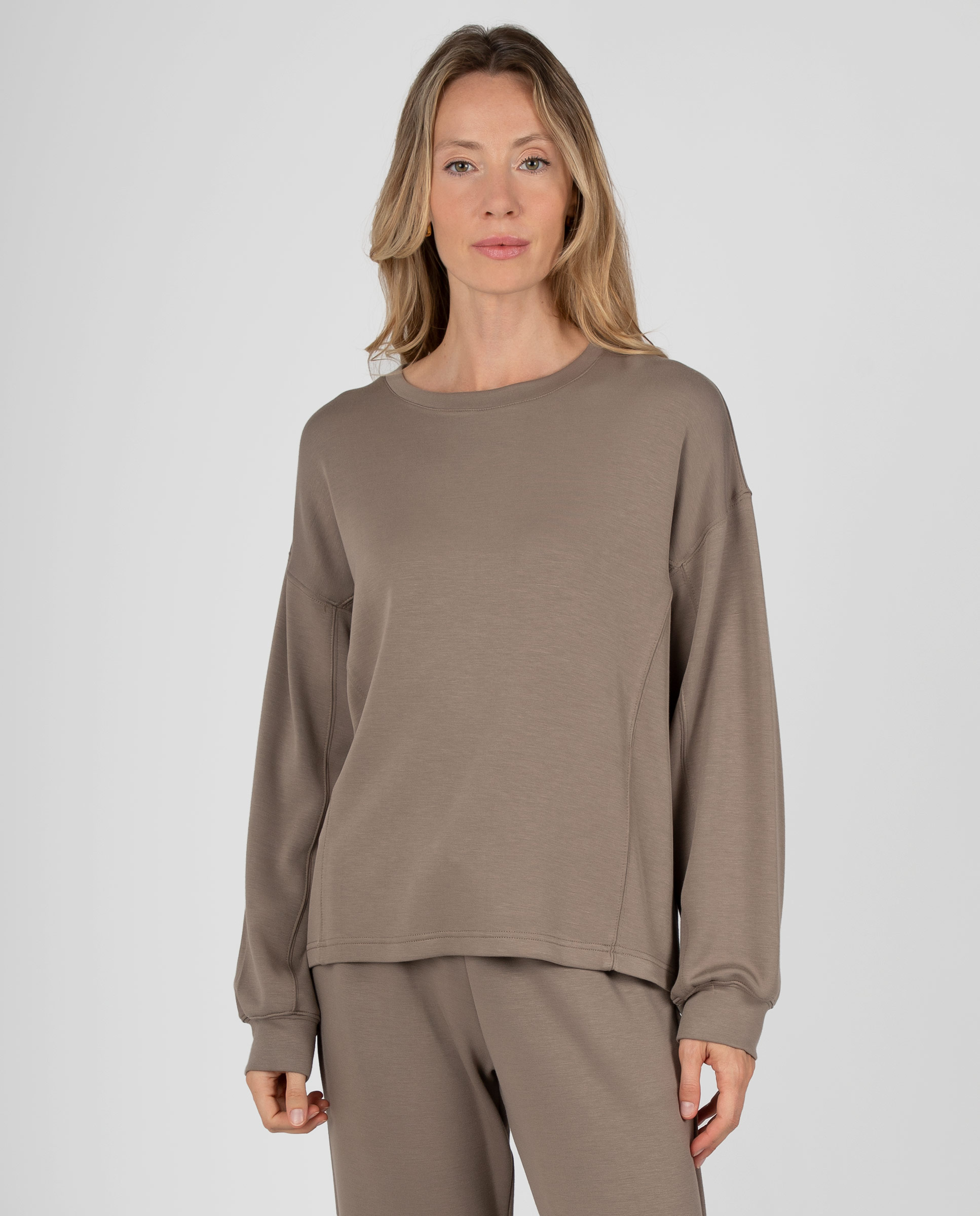 Sudadera de mujer lisa con costuras decorativas y puños mangas - Massana - Visón Visón-1