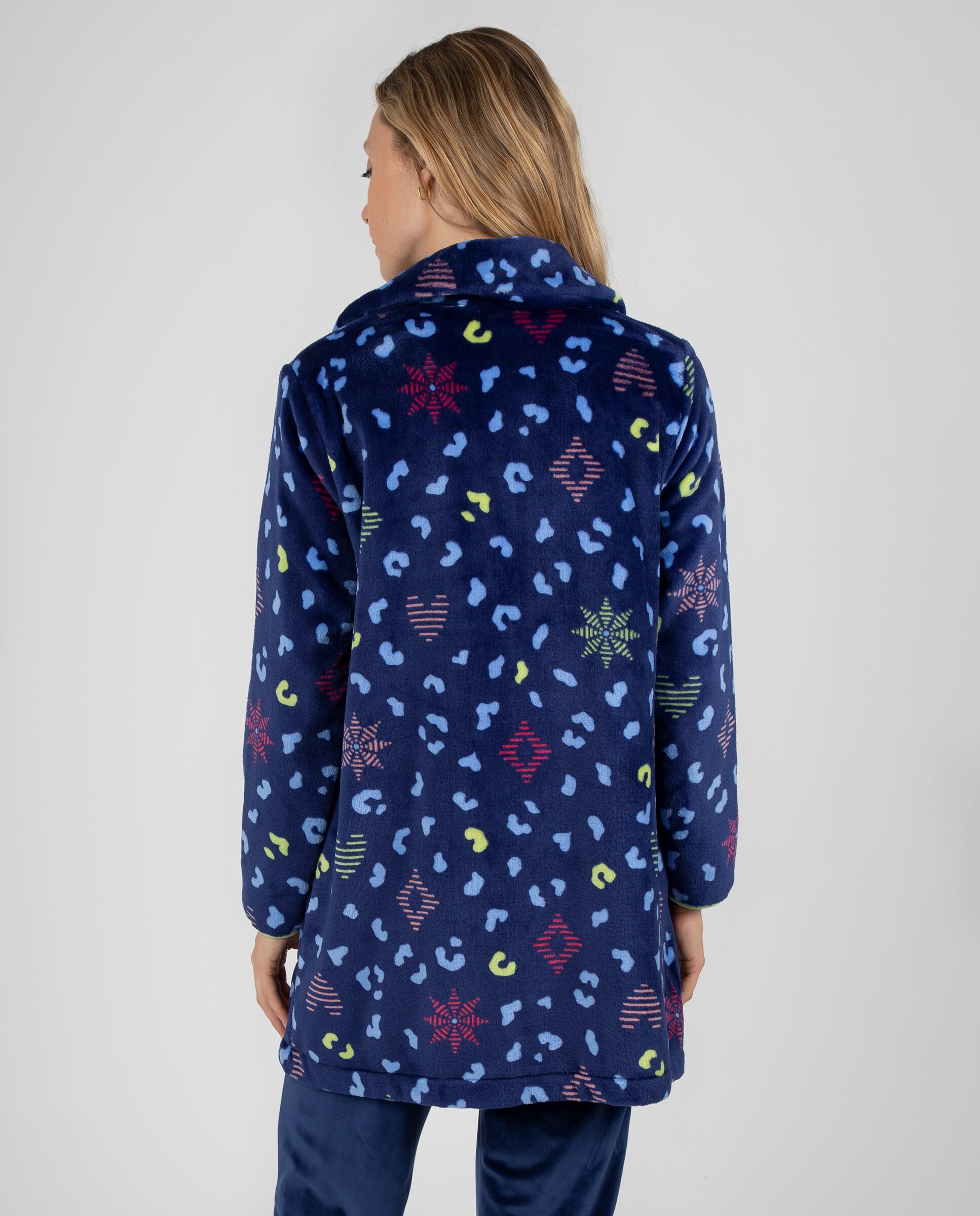 Bata corta de mujer en tejido polar estampada con cremallera y bolsillos laterales - Massana - Azul Azul-2