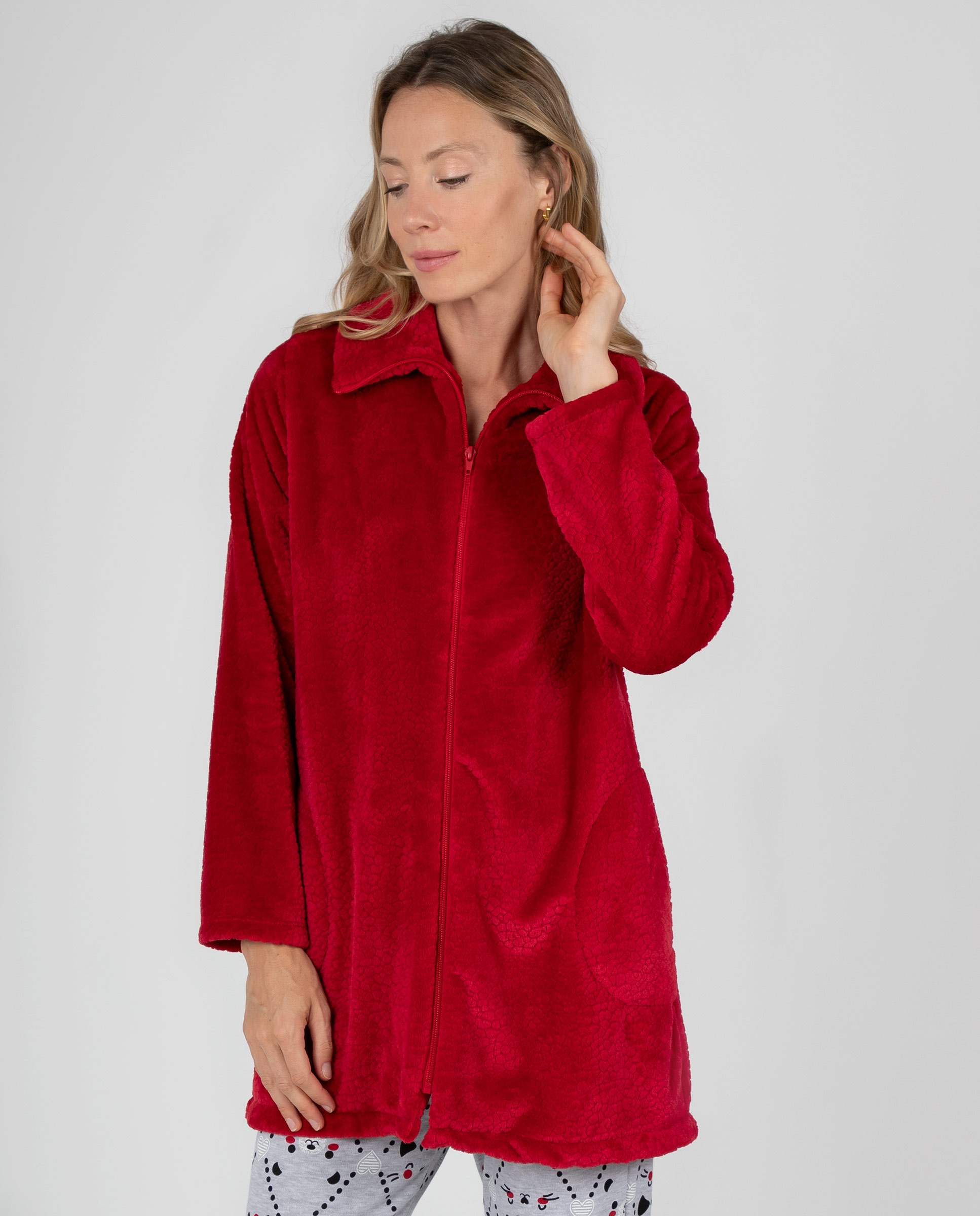 Bata corta de mujer en tejido polar texturizado con cremallera y bolsillos laterales - Massana - Rojo Rojo-1