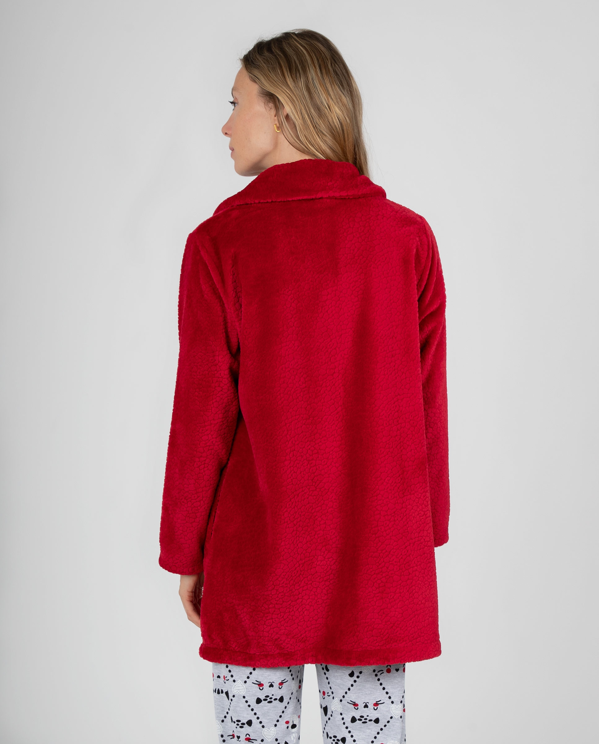 Bata corta de mujer en tejido polar texturizado con cremallera y bolsillos laterales - Massana - Rojo Rojo-2
