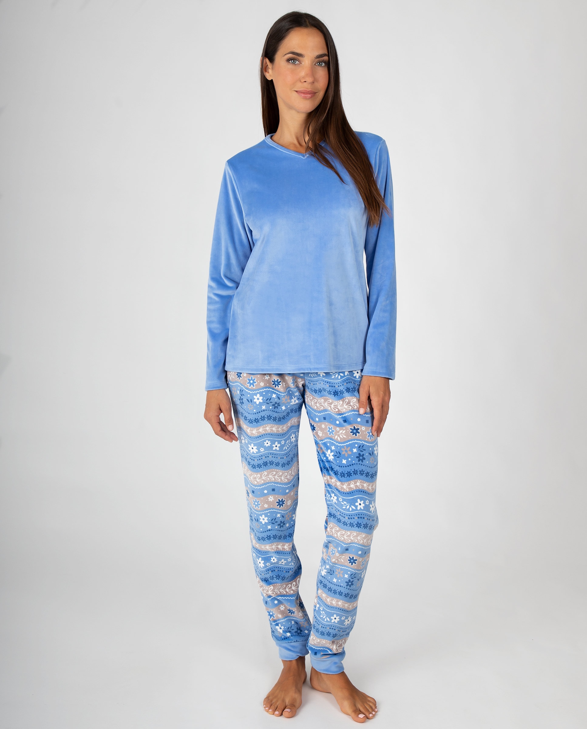 Pijama de mujer de manga larga con cuello de pico, camiseta lisa y pantalón largo con puños y cenefa - Massana - Azul Azul-1