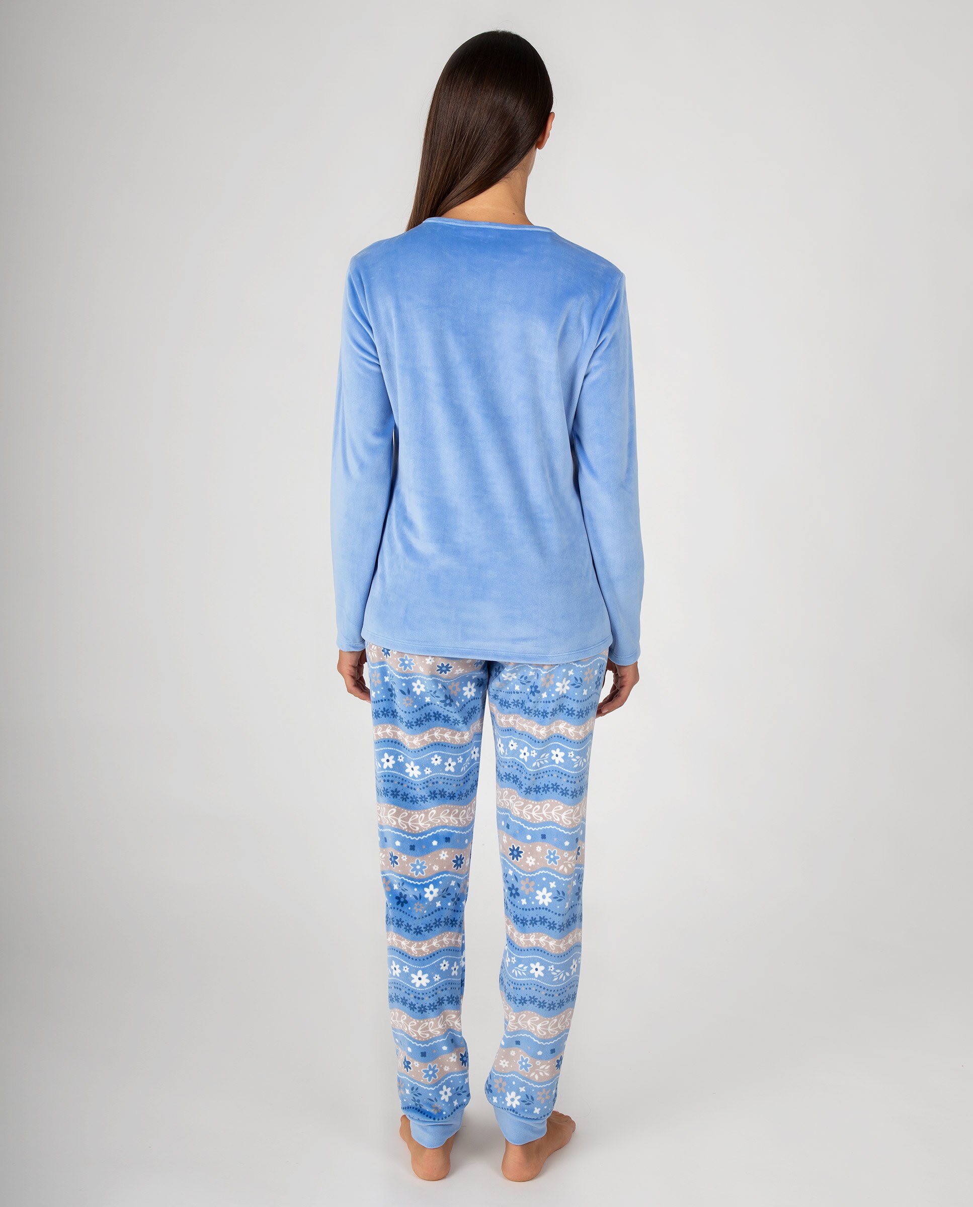 Pijama de mujer de manga larga con cuello de pico, camiseta lisa y pantalón largo con puños y cenefa - Massana - Azul Azul-2