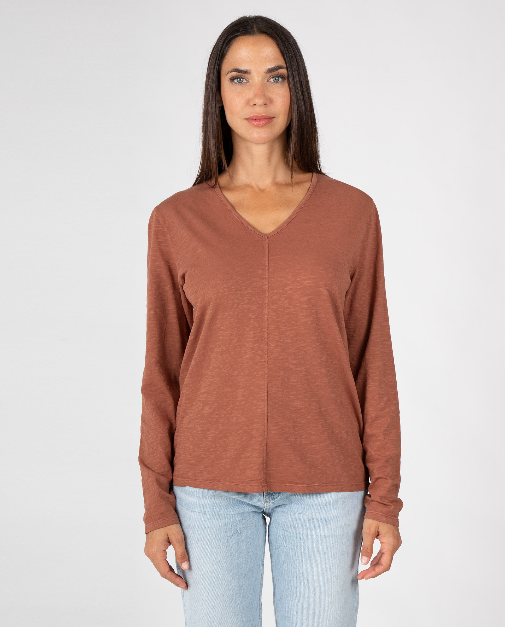 Camiseta básica de mujer con cuello pico - Massana - Marrón Marrón-1
