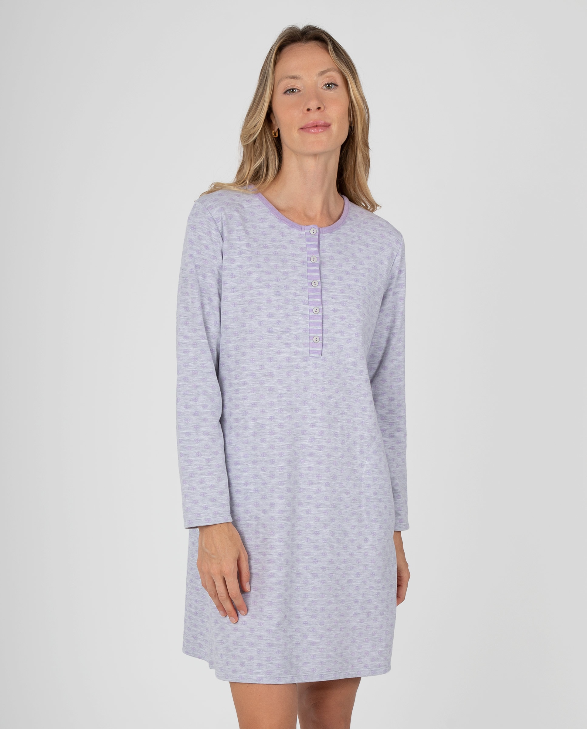 Camisón de mujer jaspeado con cuello redondo y tapeta de botones - Massana - Gris Gris-1