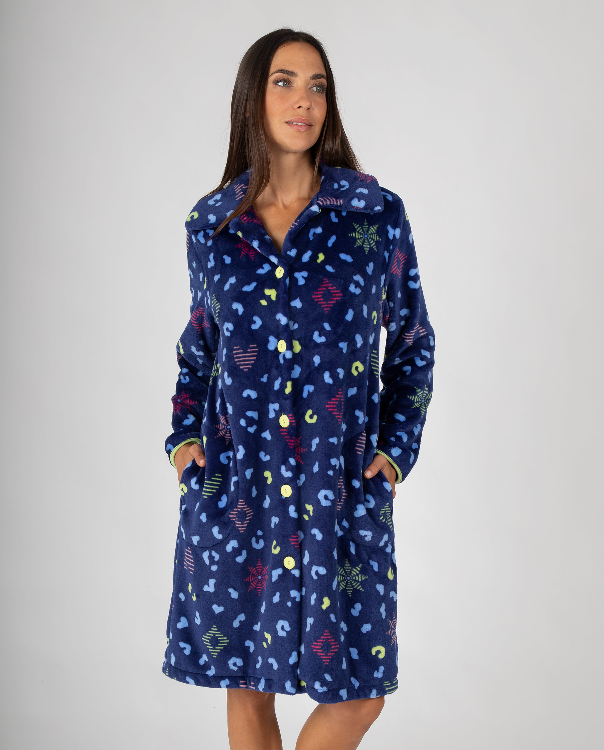 Bata larga de mujer en tejido polar estampada con botones y bolsillos laterales - Massana - Azul Azul-1