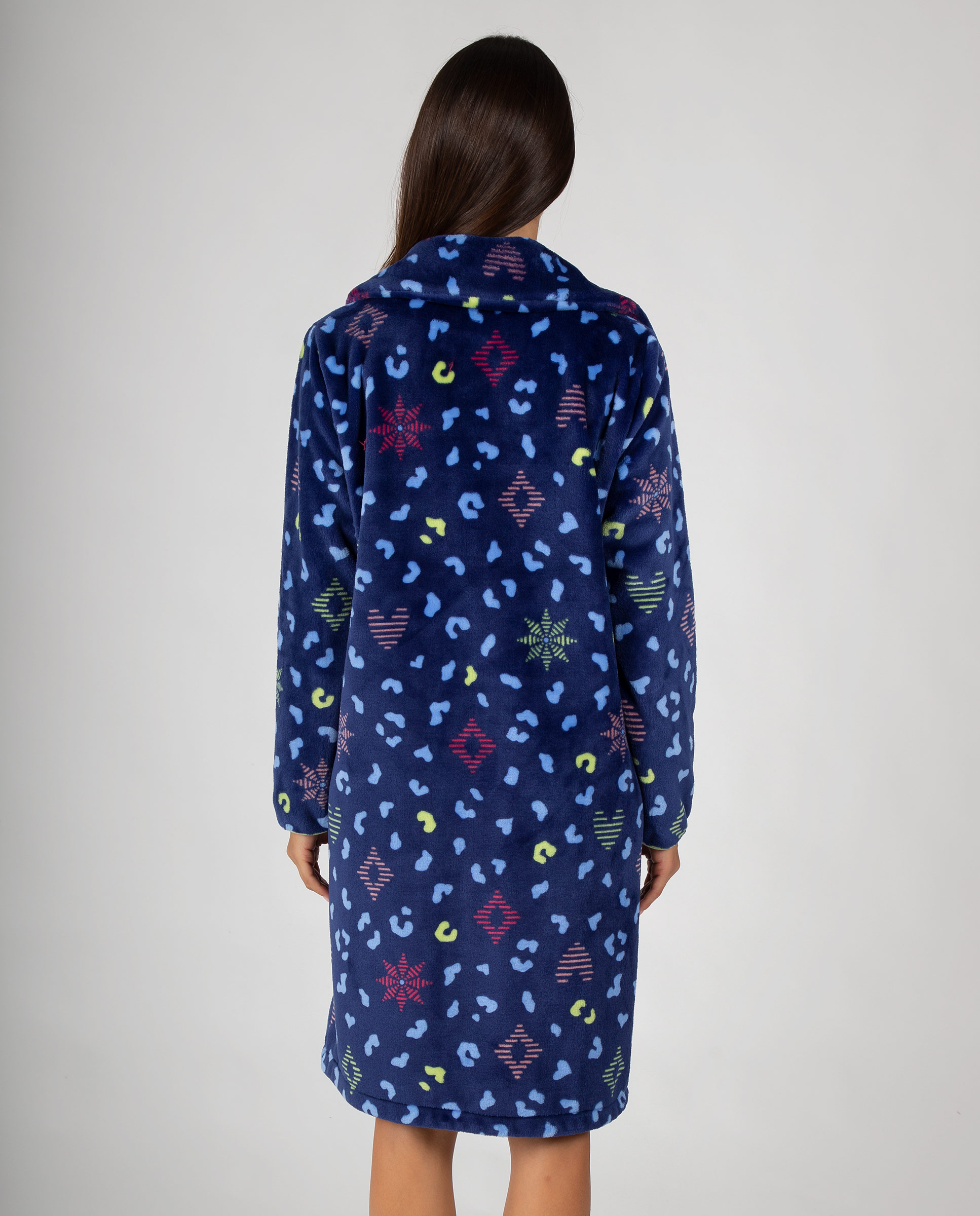 Bata larga de mujer en tejido polar estampada con botones y bolsillos laterales - Massana - Azul Azul-2