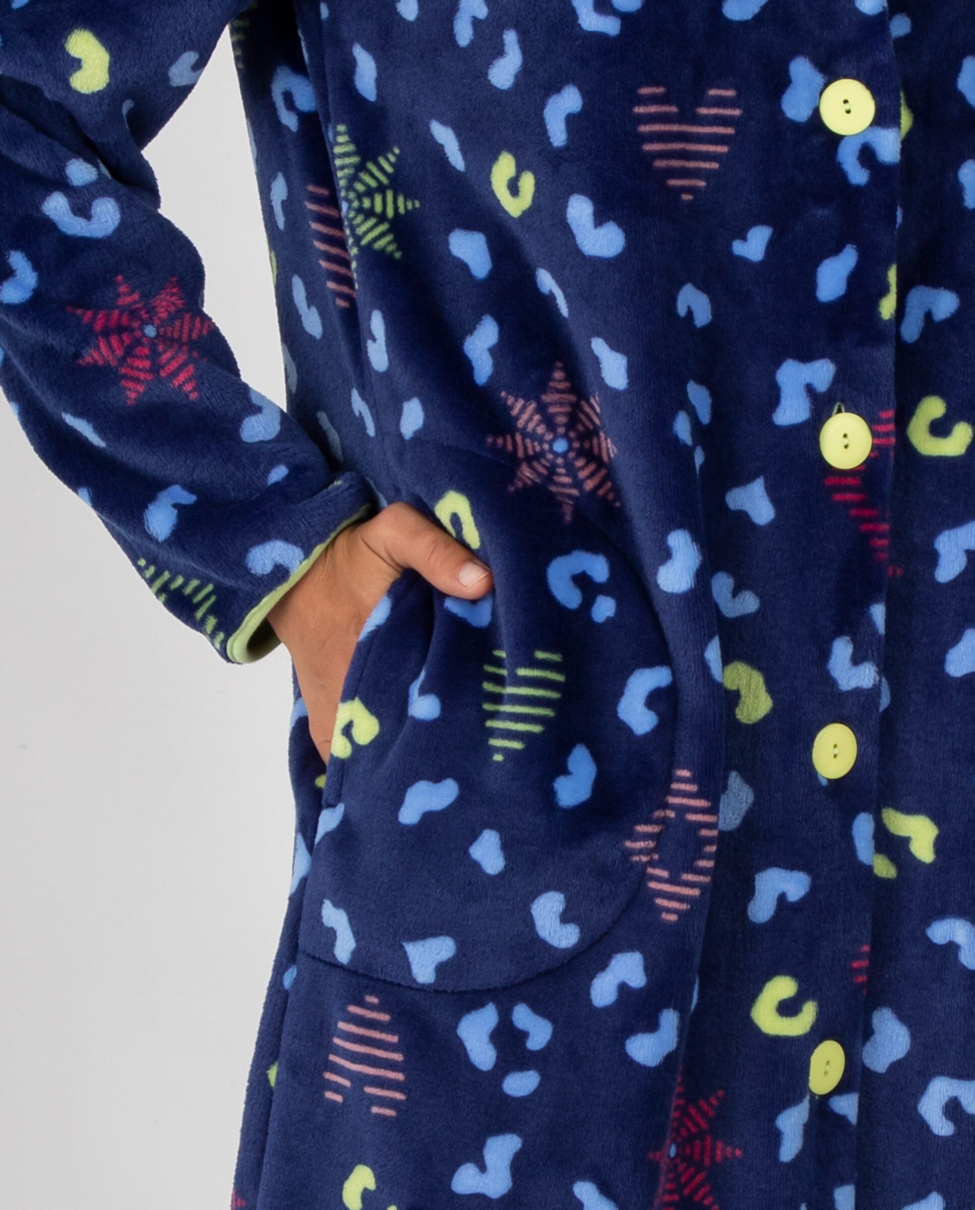 Bata larga de mujer en tejido polar estampada con botones y bolsillos laterales - Massana - Azul Azul-3