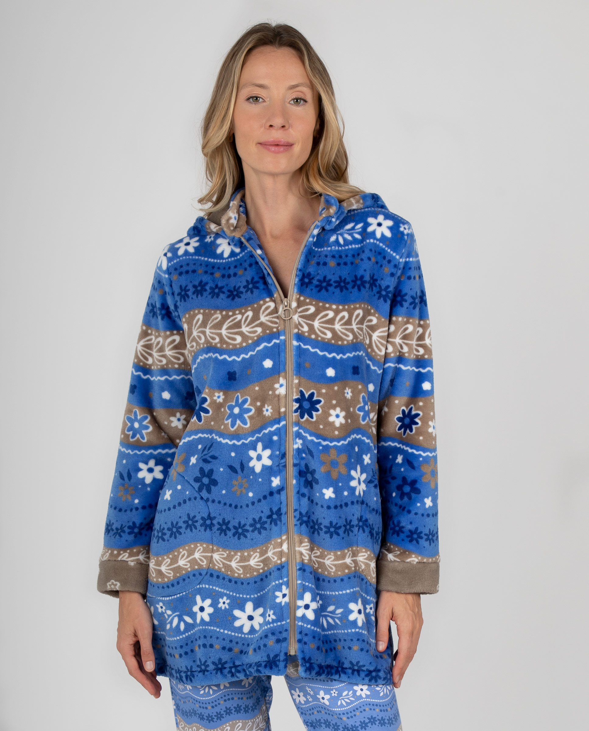 Bata corta de mujer en tejido polar estampada con capucha, cremallera y bolsillos - Massana - Azul Azul-1