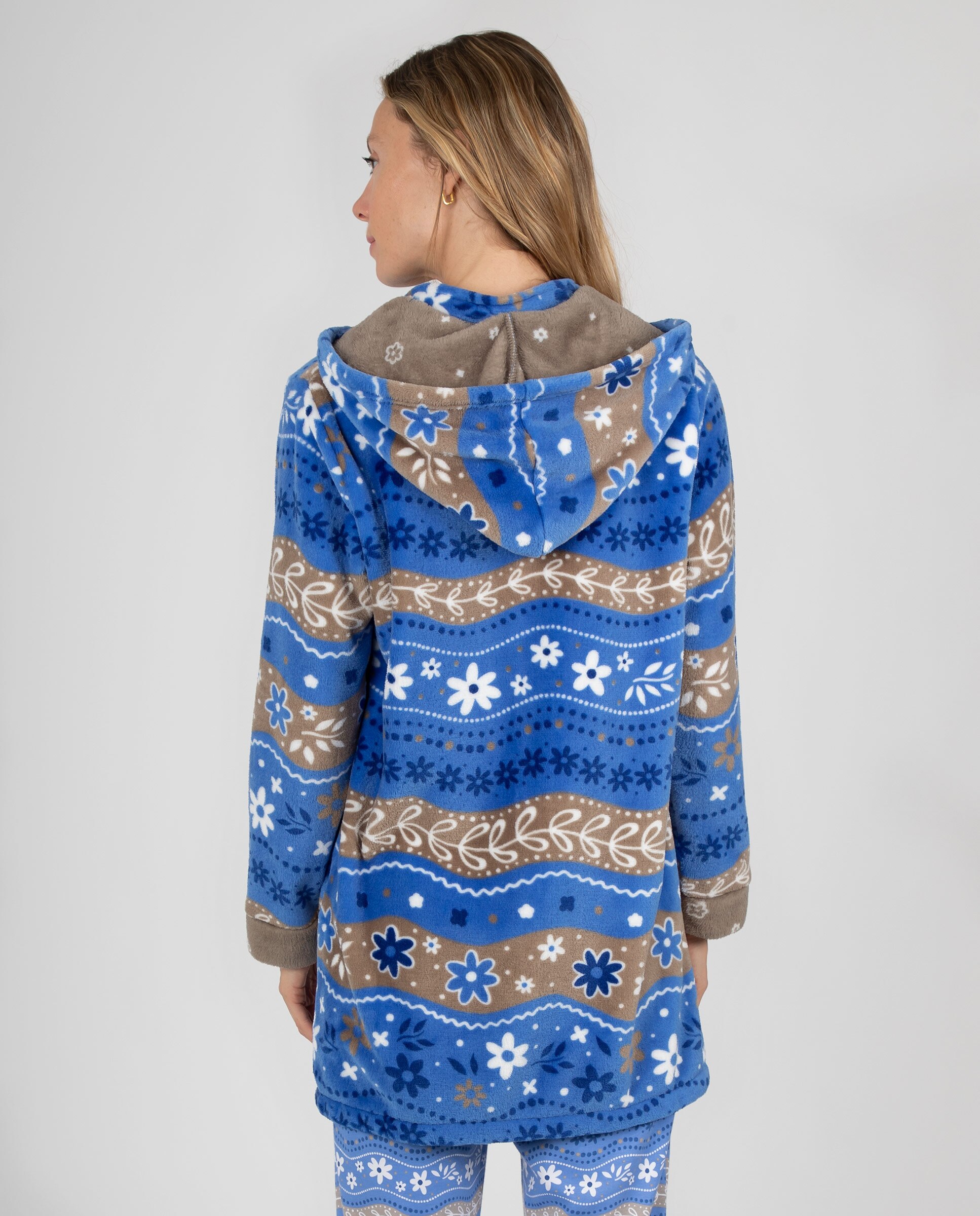 Bata corta de mujer en tejido polar estampada con capucha, cremallera y bolsillos - Massana - Azul Azul-2