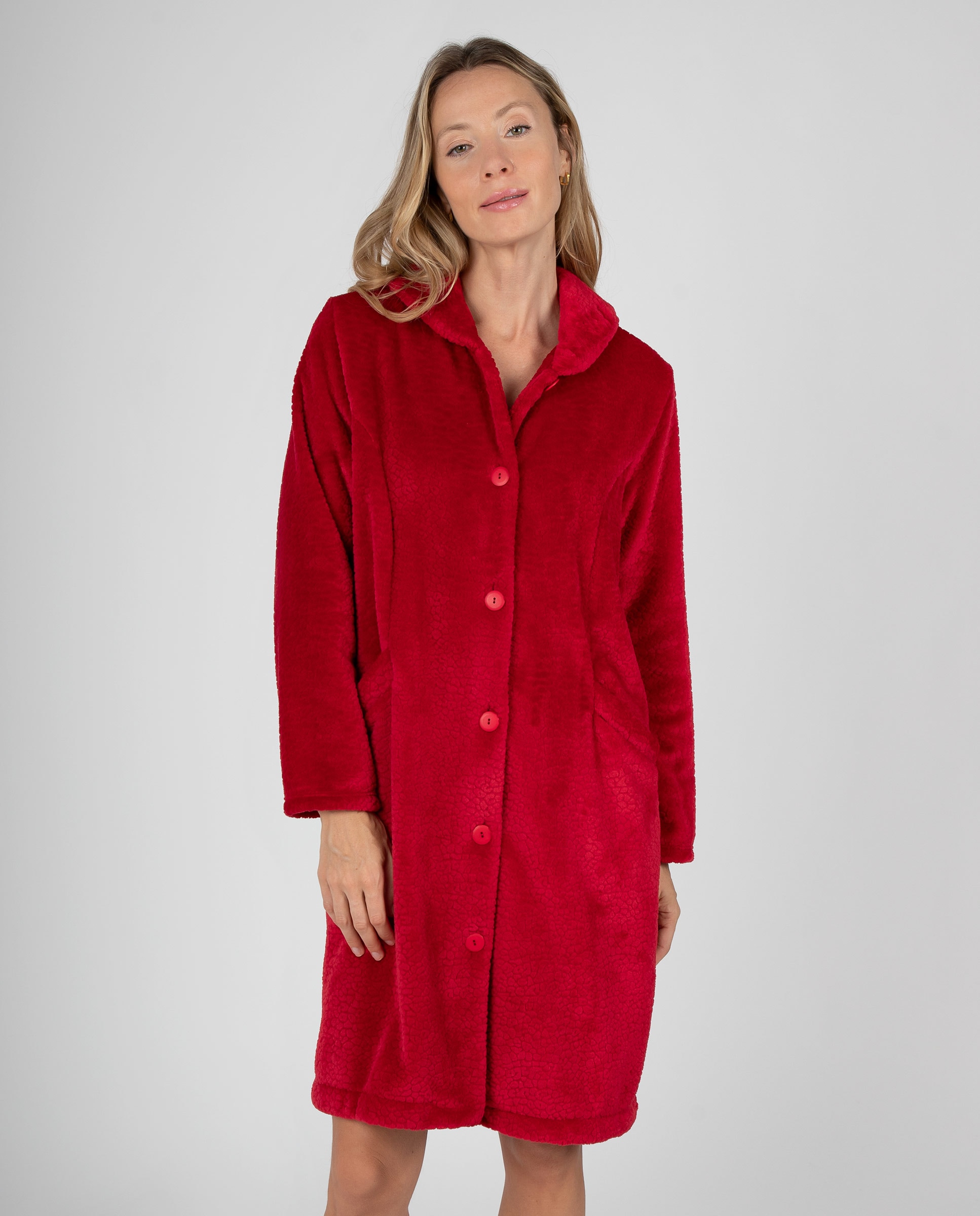 Bata larga de mujer en tejido polar texturizado con botones y bolsillos laterales - Massana - Rojo Rojo-1