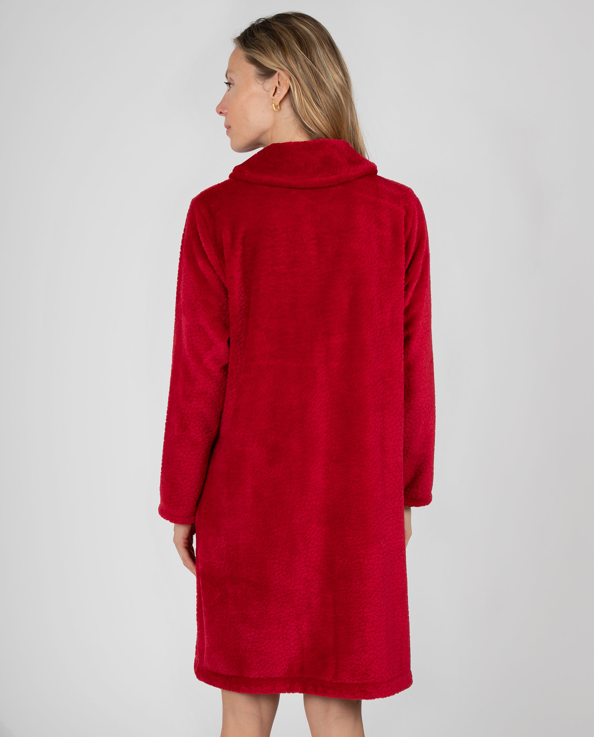Bata larga de mujer en tejido polar texturizado con botones y bolsillos laterales - Massana - Rojo Rojo-2