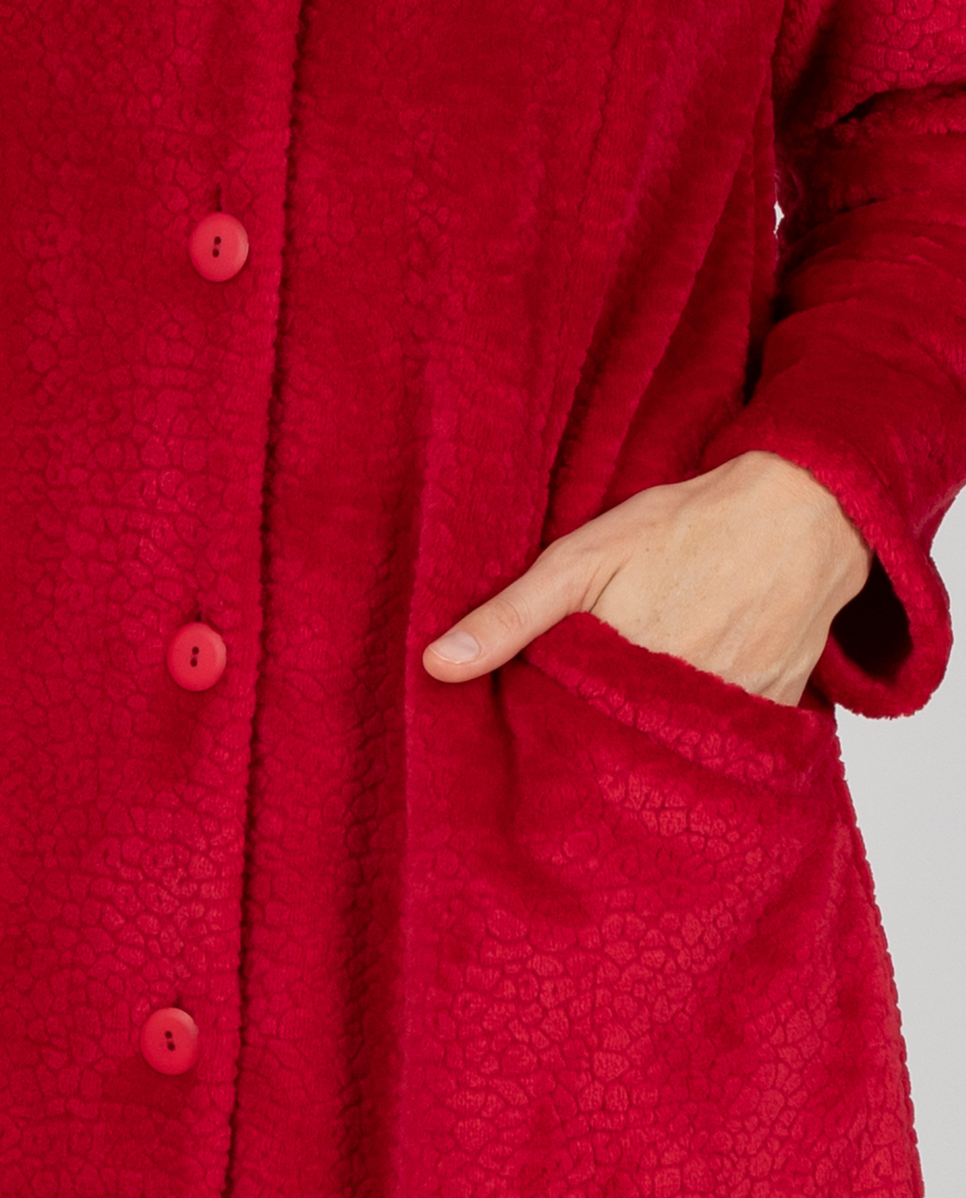Bata larga de mujer en tejido polar texturizado con botones y bolsillos laterales - Massana - Rojo Rojo-3