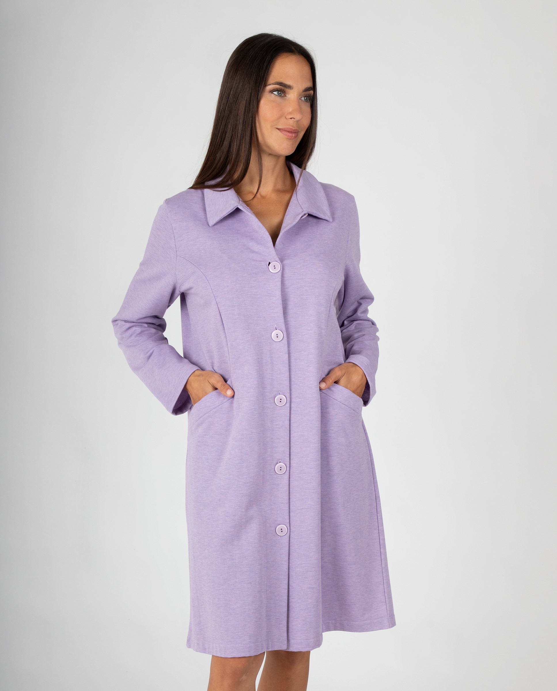 Bata larga de mujer diseño liso con botones y bolsillos laterales. - Massana - Morado Morado-1