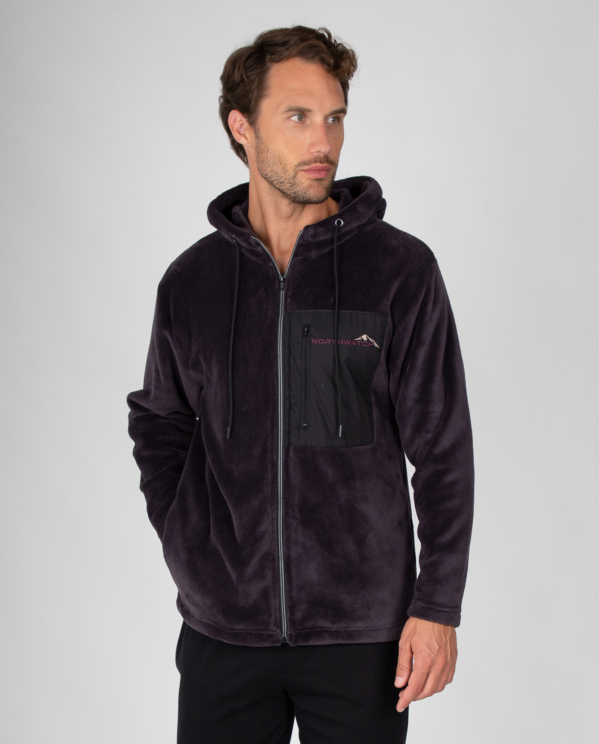 Imagen 1 de Bata corta de hombre en tejido polar liso con capucha, bolsillo de pecho con cremallera y bolsillos Gris oscuro