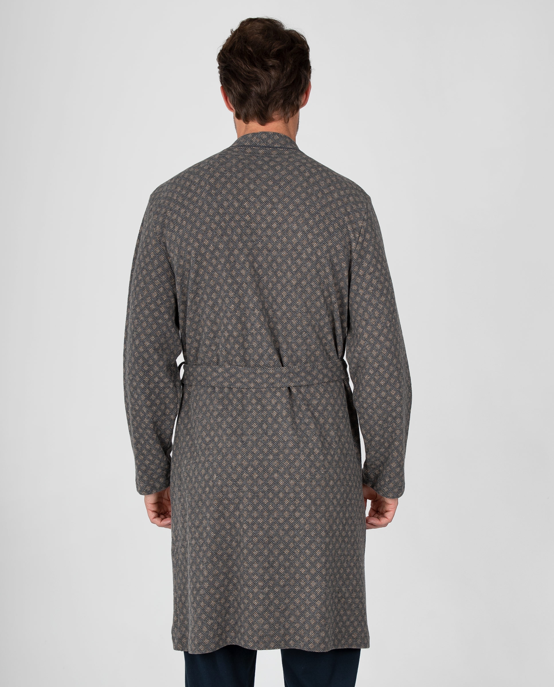 Bata larga de hombre cruzada con estampado de pequeños motivos y bolsillos laterales - Massana - Gris Gris-2