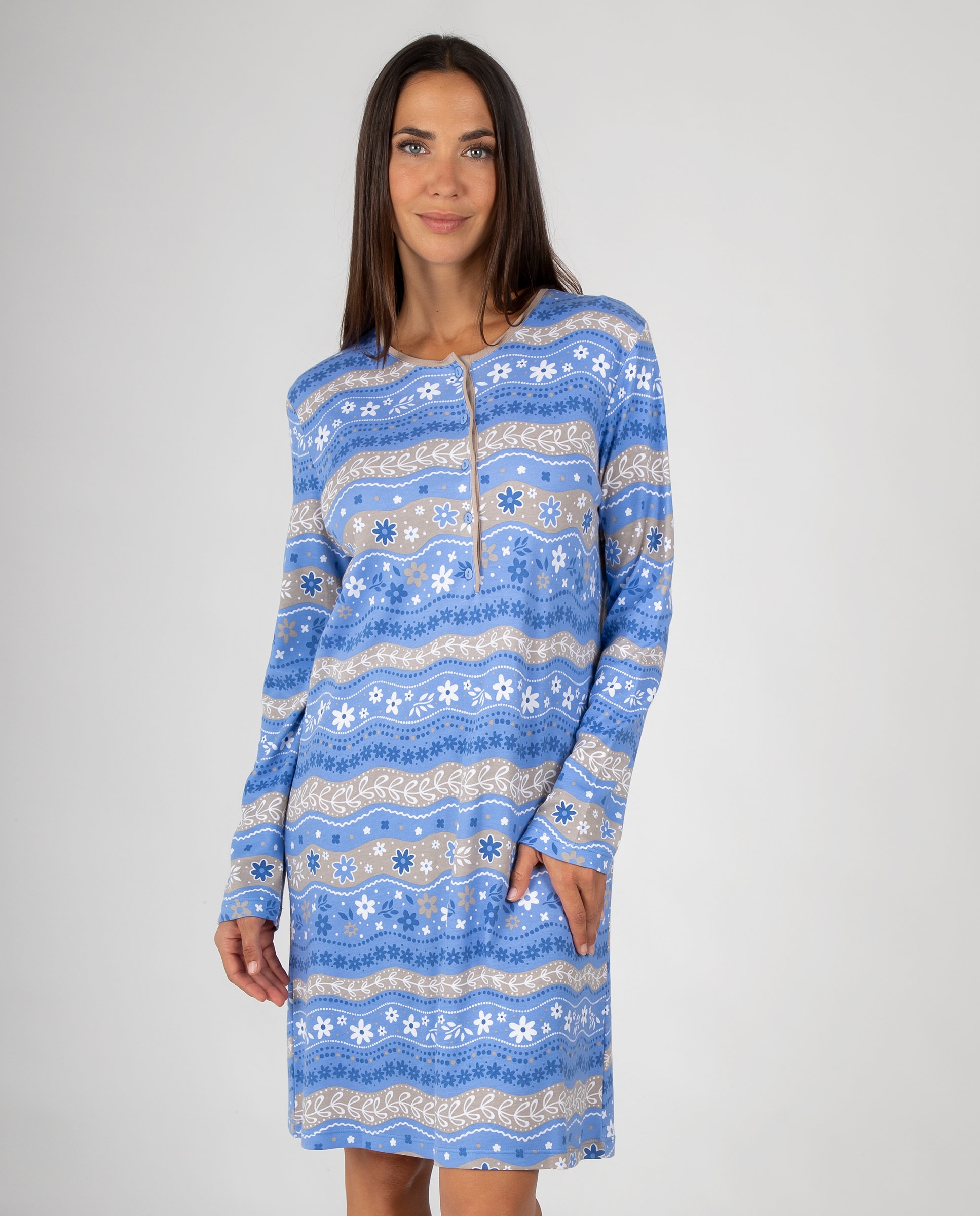 Camisón de mujer con cuello redondo, tapeta de botones y estampado floral de cenefas - Massana - Azul Azul-1