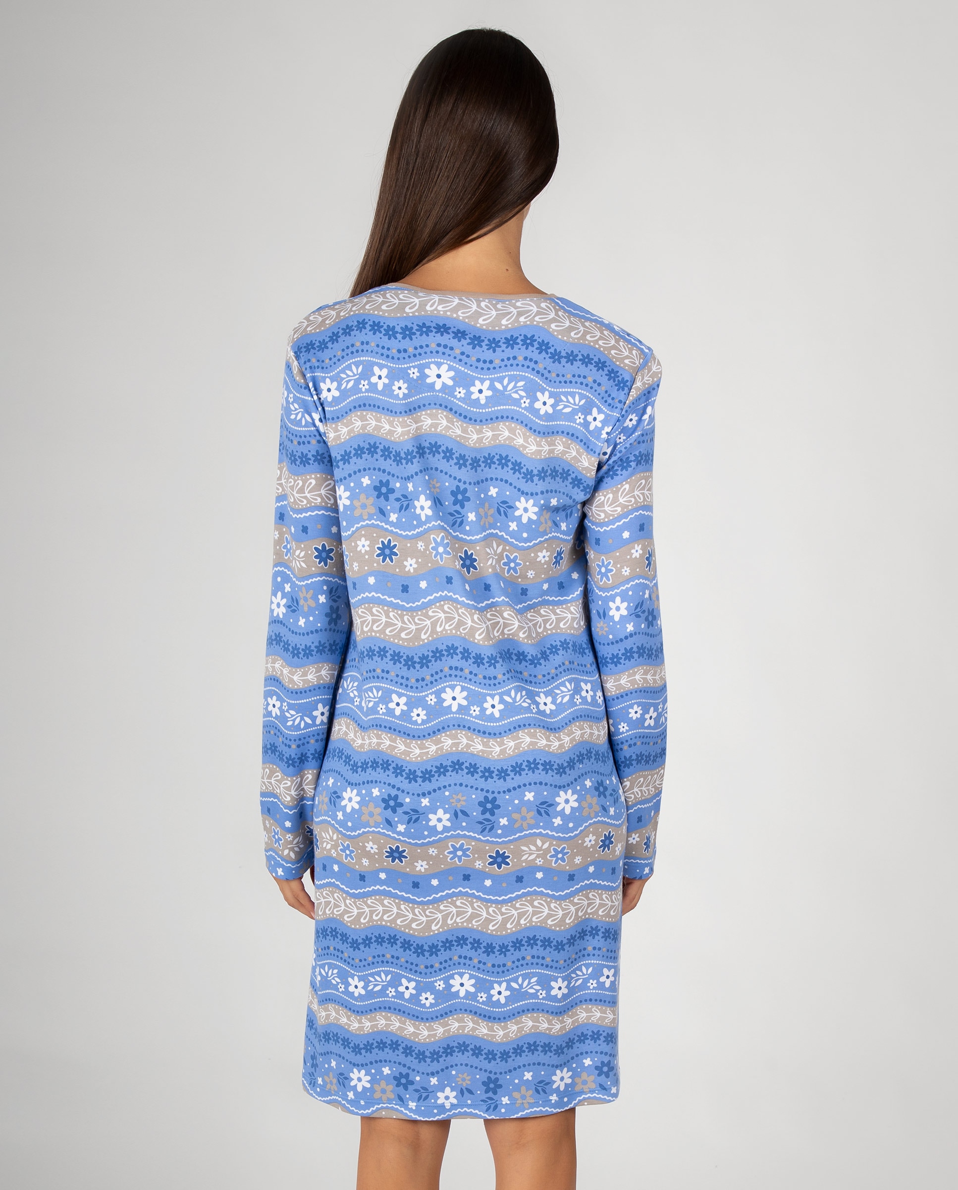 Camisón de mujer con cuello redondo, tapeta de botones y estampado floral de cenefas - Massana - Azul Azul-2