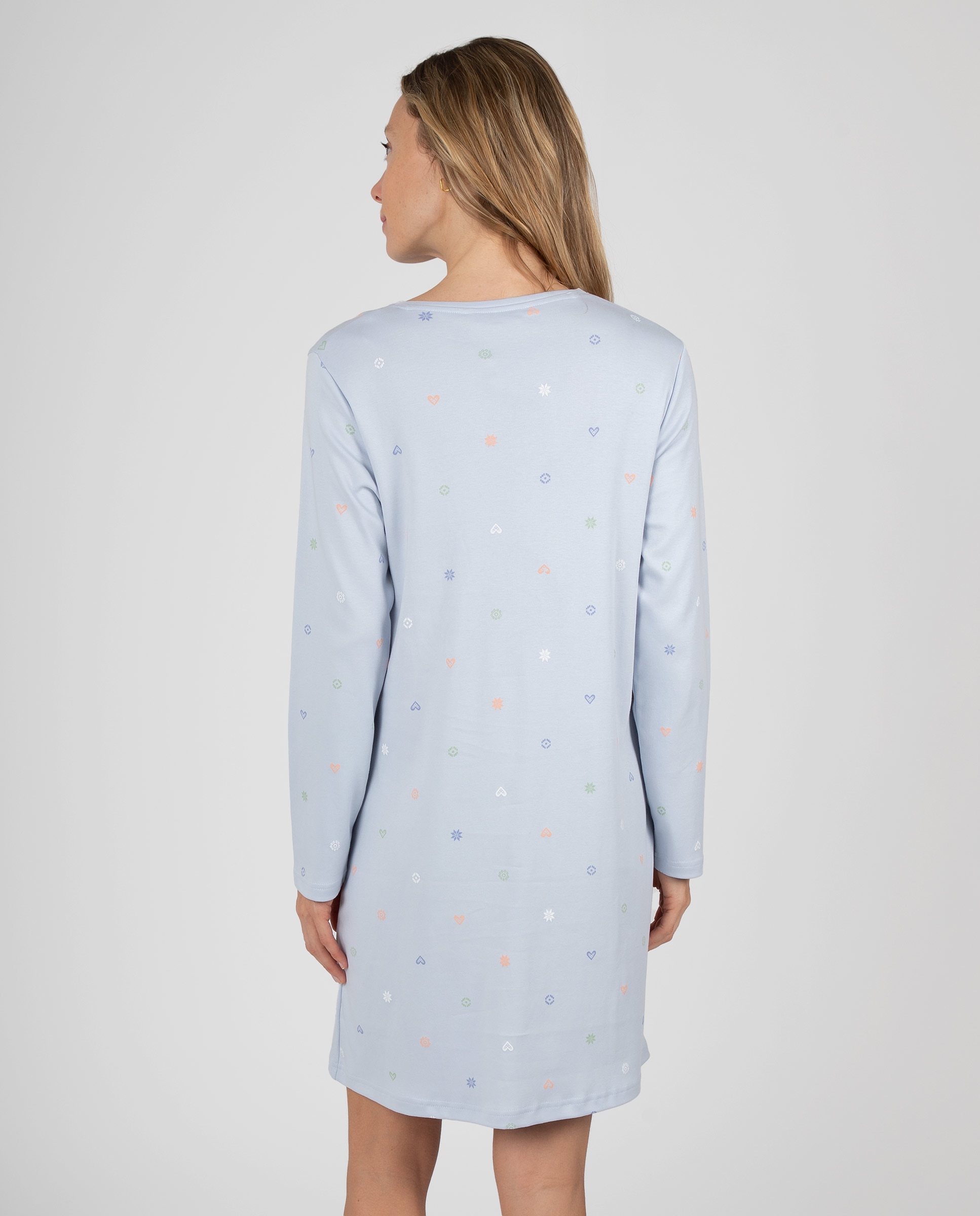Camisón de mujer con bolsillos, tapeta de botones y pequeños detalles estampados. - Massana - Azul claro Azul claro-2