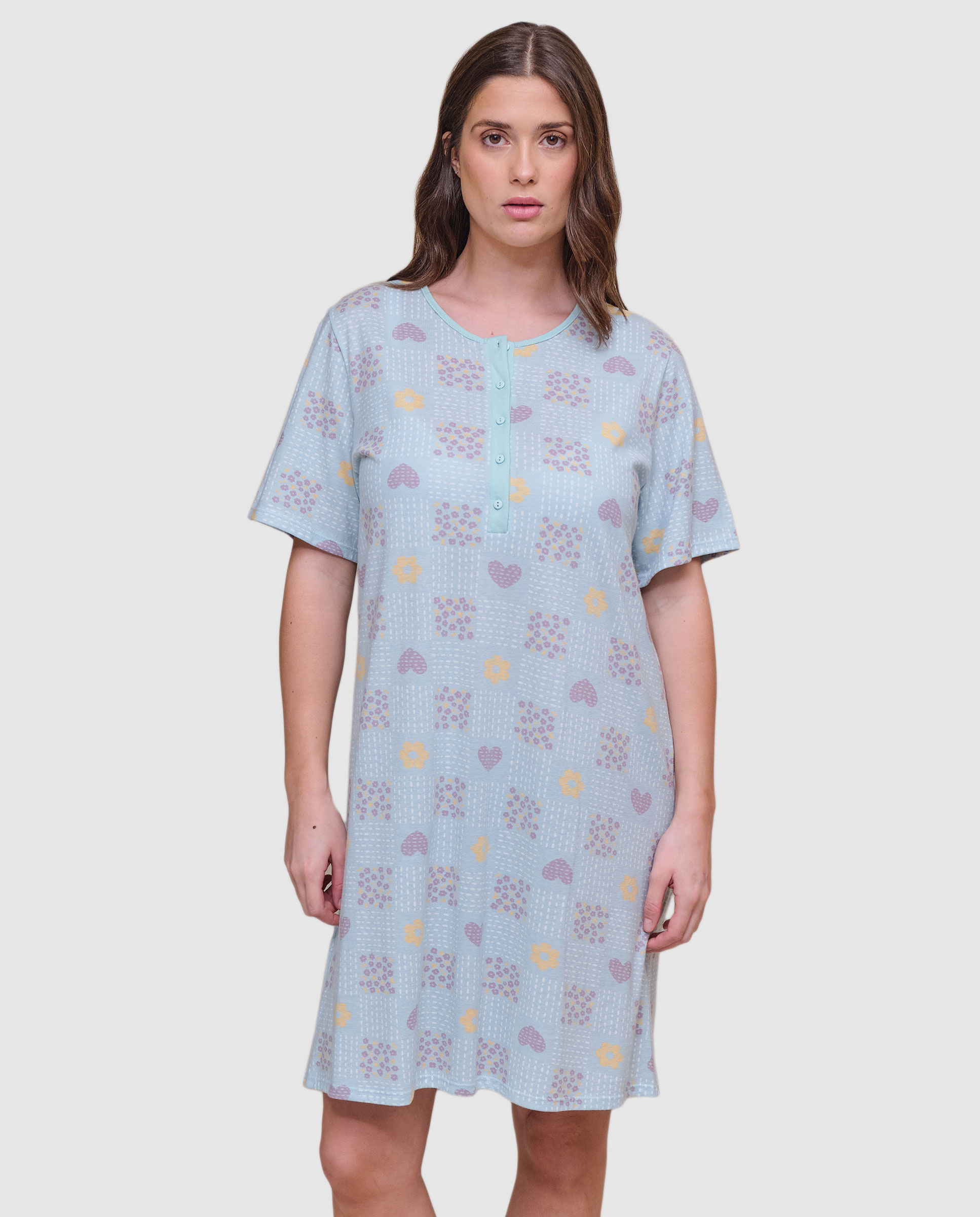 Imagen 0 de Camisón de mujer de manga corta con tapeta de botones y estampado multicolor Verde Agua