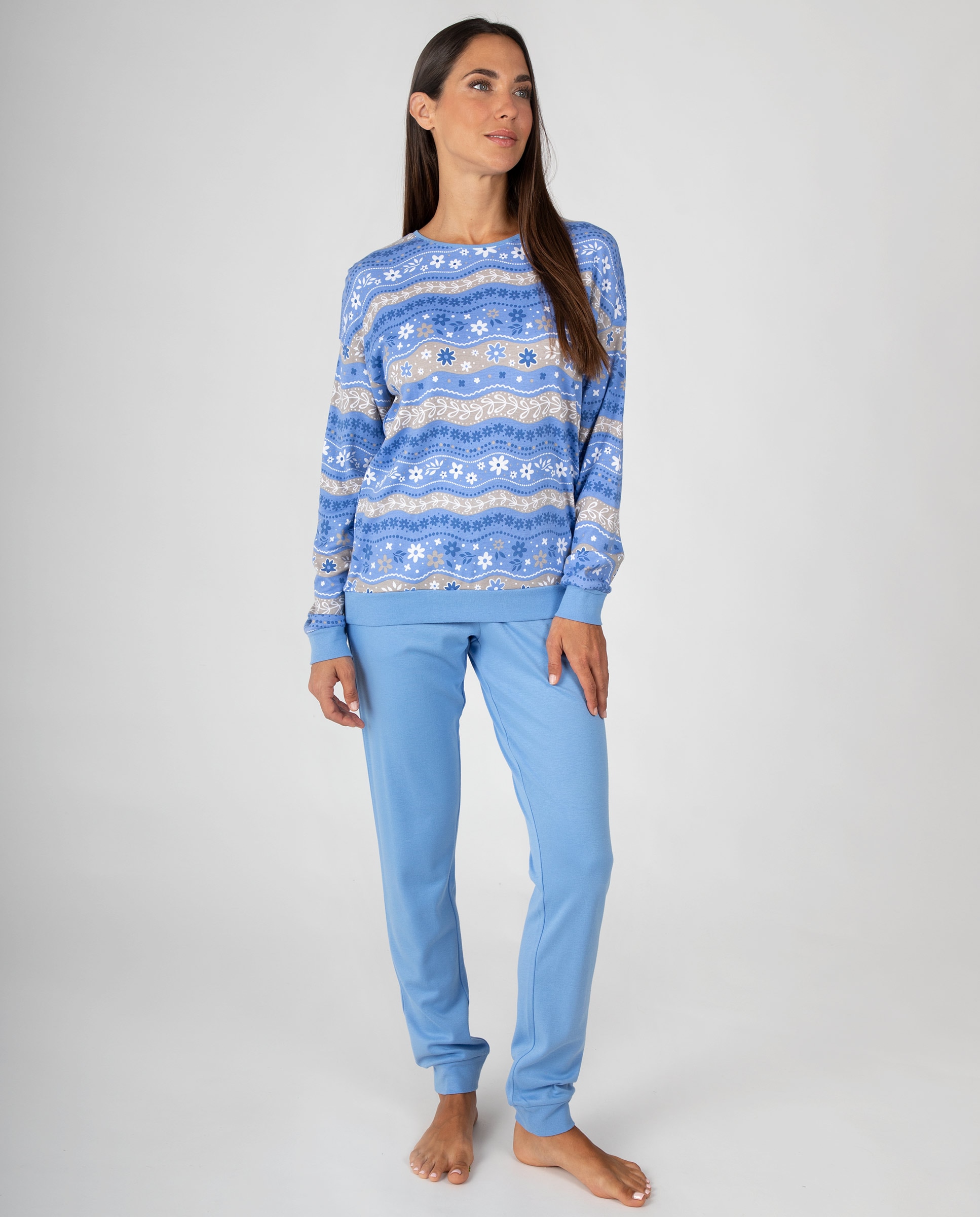 Pijama de mujer de manga larga con diseño de cenefas florales y pantalón largo con puños - Massana - Azul Azul-1