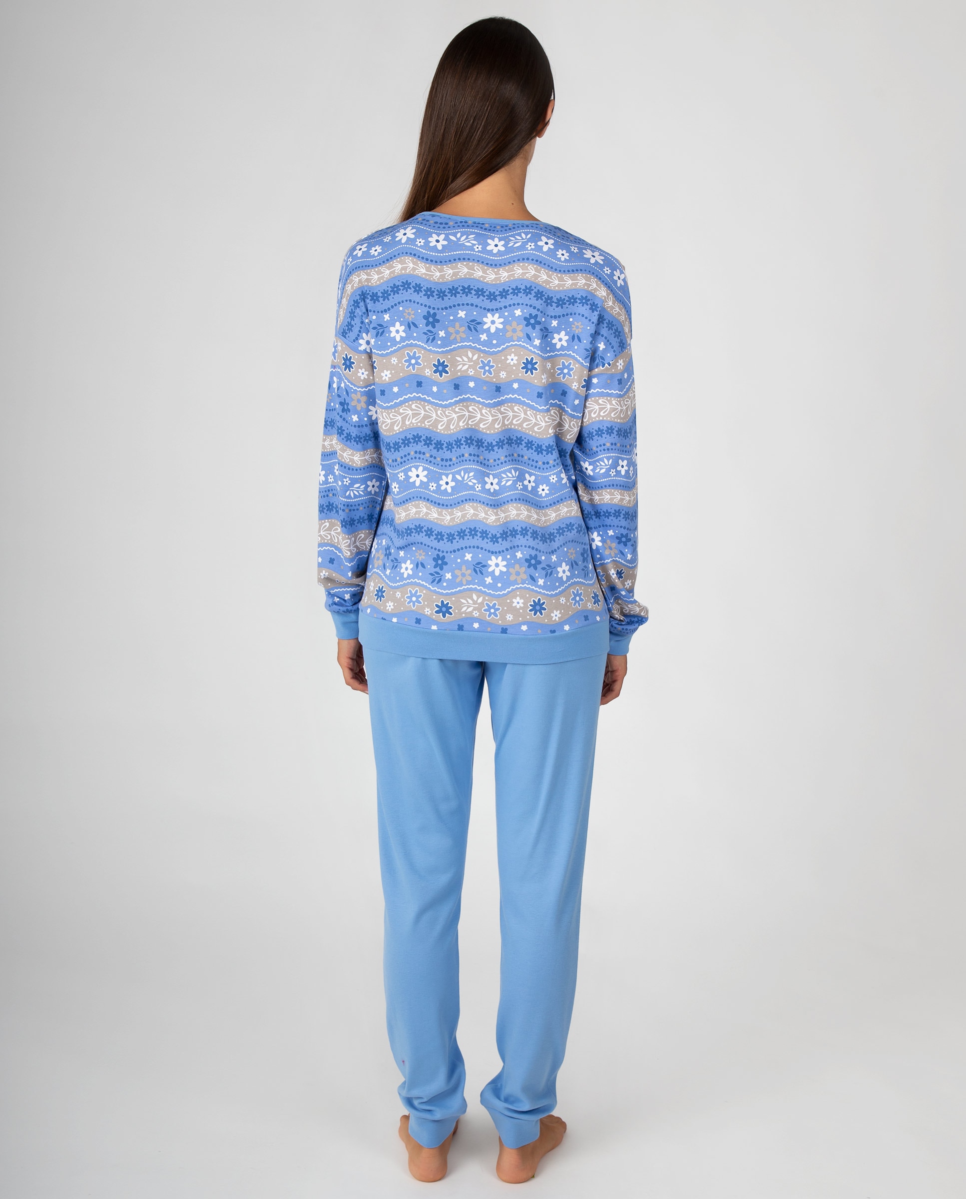 Pijama de mujer de manga larga con diseño de cenefas florales y pantalón largo con puños - Massana - Azul Azul-2