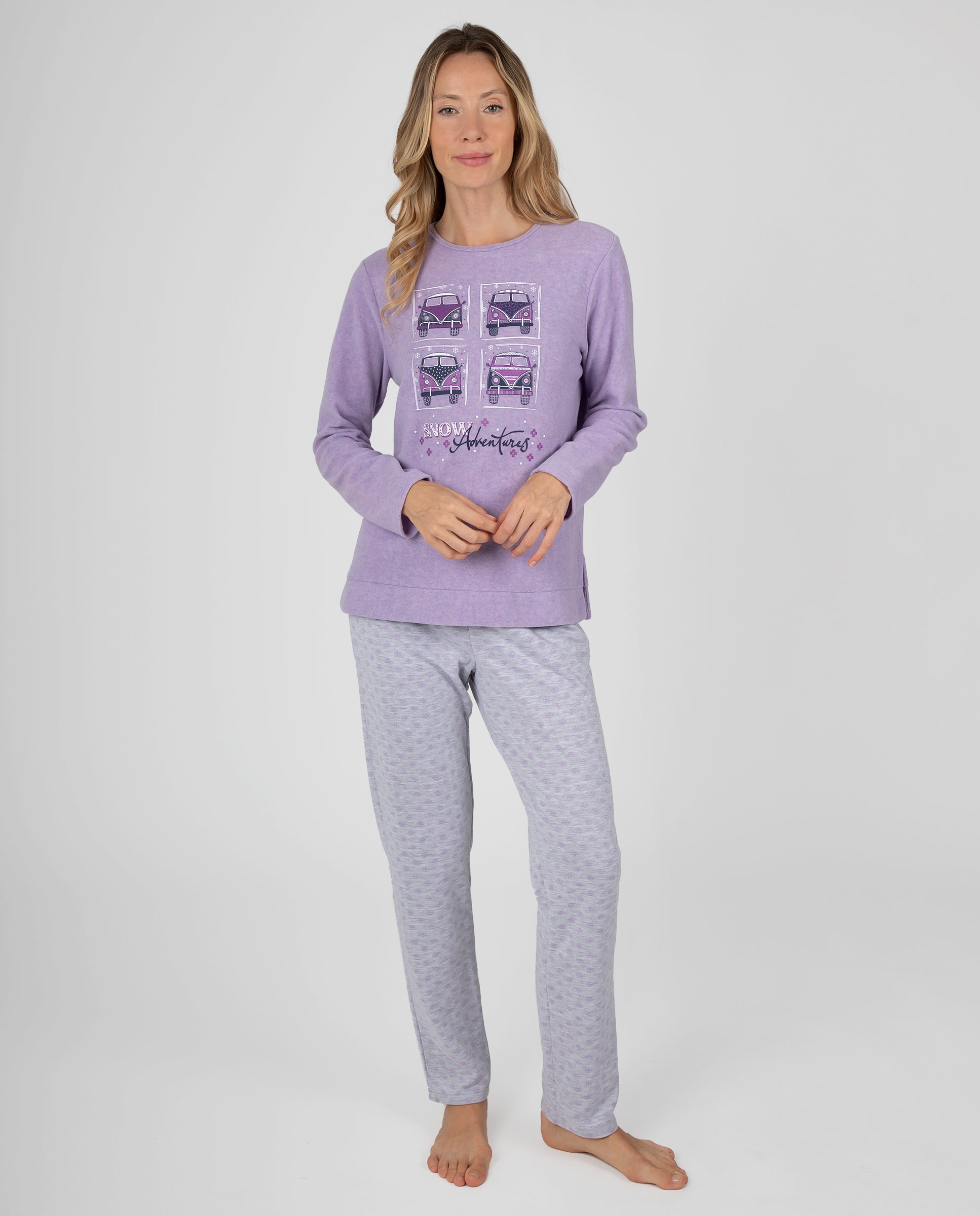 Imagen 0 de Pijama de mujer de manga larga con estampado frontal y pantalón largo jaspeado Morado