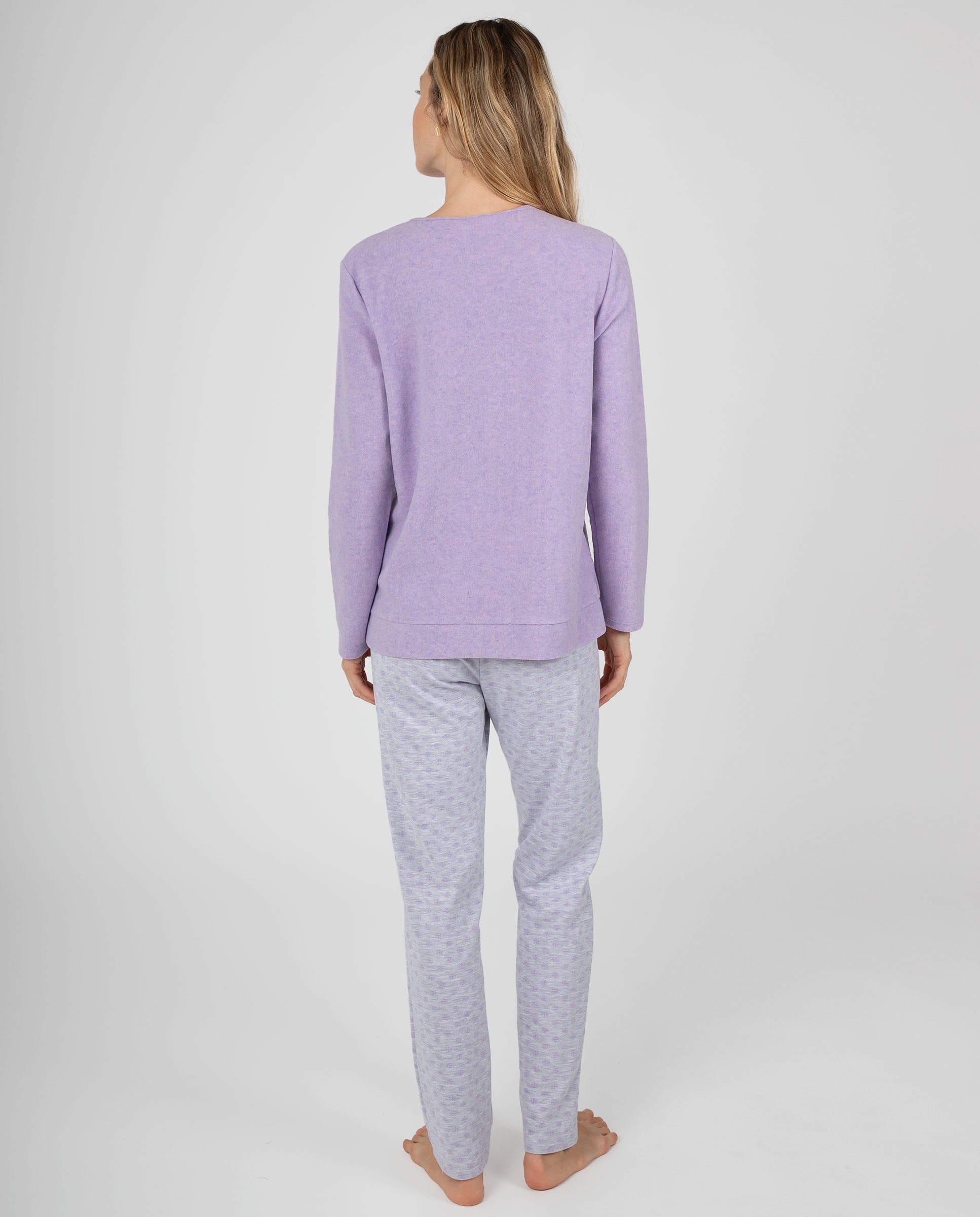 Pijama de mujer de manga larga con estampado frontal y pantalón largo jaspeado - Massana - Morado Morado-2