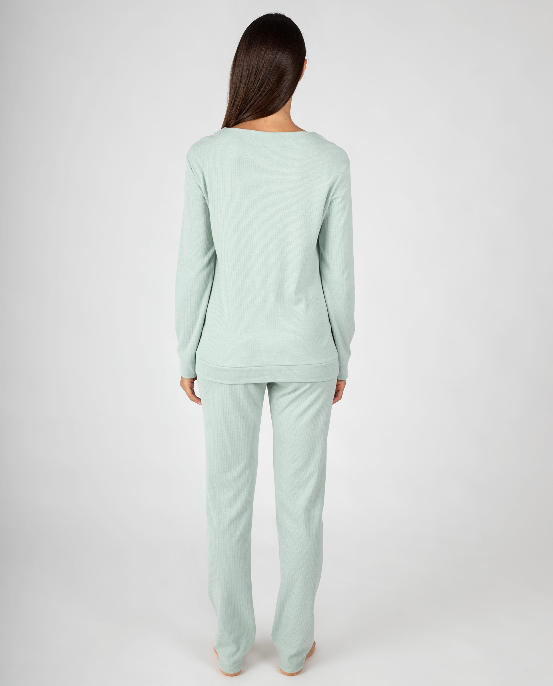 Pijama de mujer con textura canalé, cuello redondo y pantalón a juego - Massana - Verde Verde-2