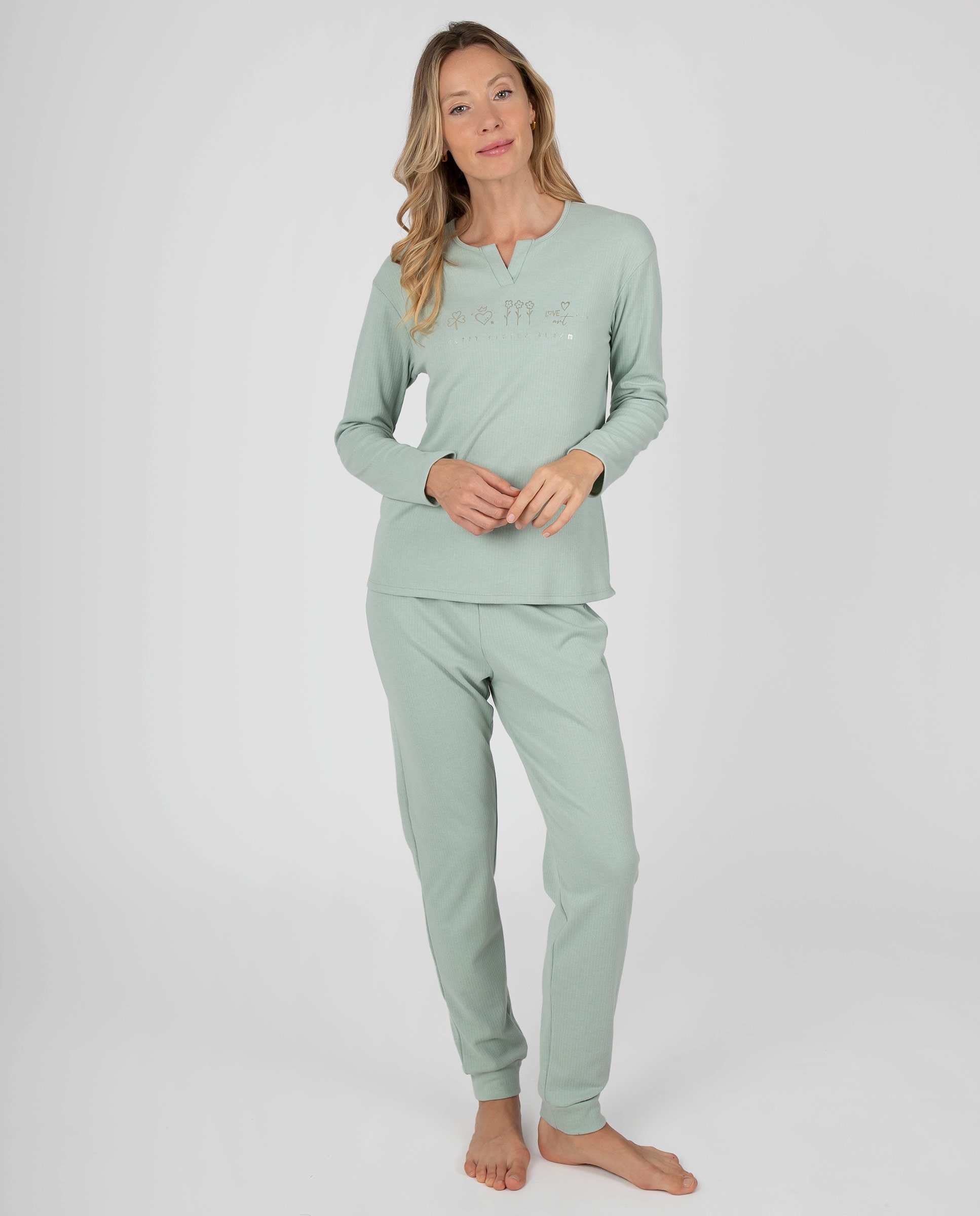 Pijama de mujer de canalé con cuello de pico y pantalón a juego - Massana - Verde Verde-1