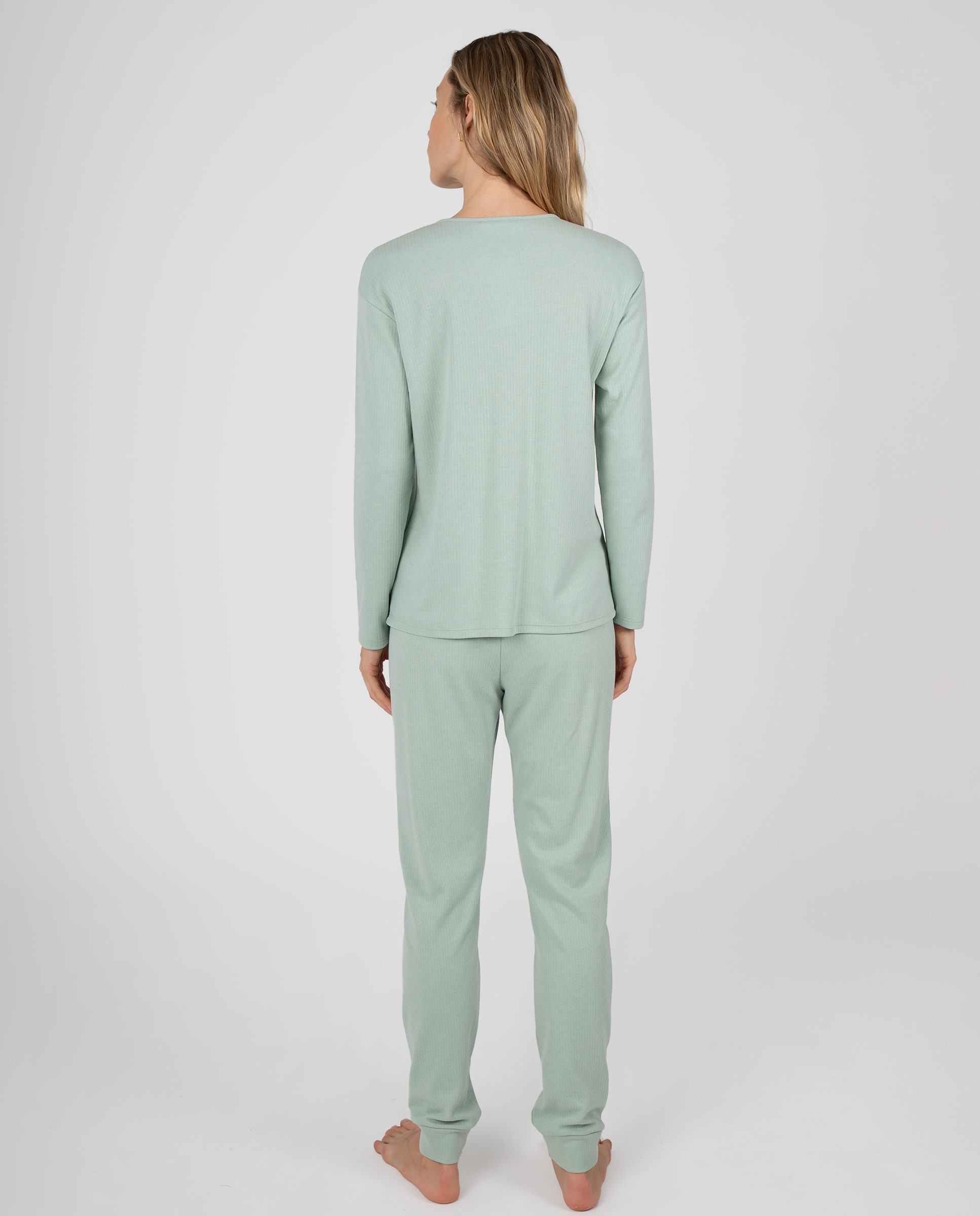 Pijama de mujer de canalé con cuello de pico y pantalón a juego - Massana - Verde Verde-2