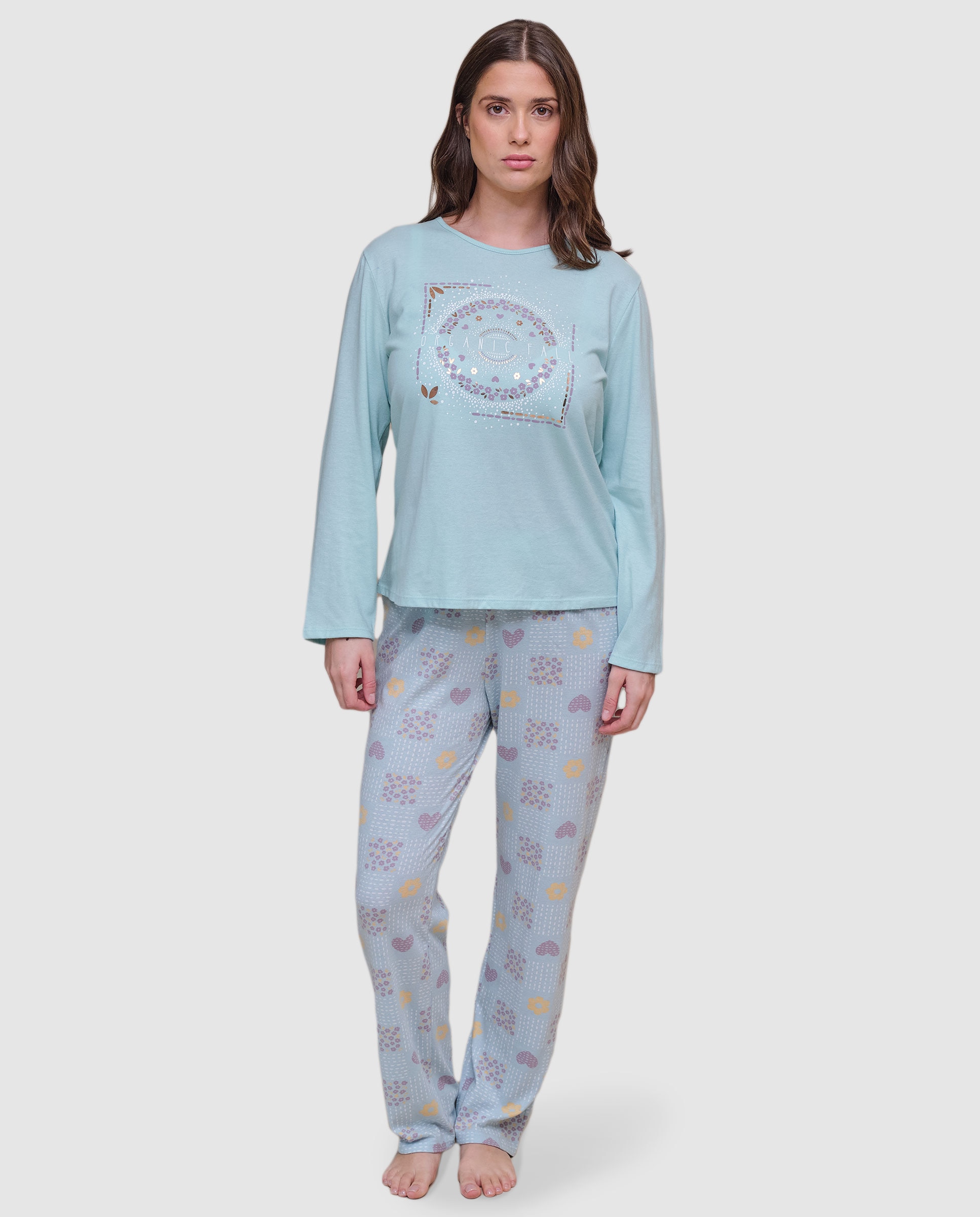 Pijama de mujer con estampado frontal de fantasía y pantalón de estampado integral. - Massana - Verde Agua Verde Agua-1