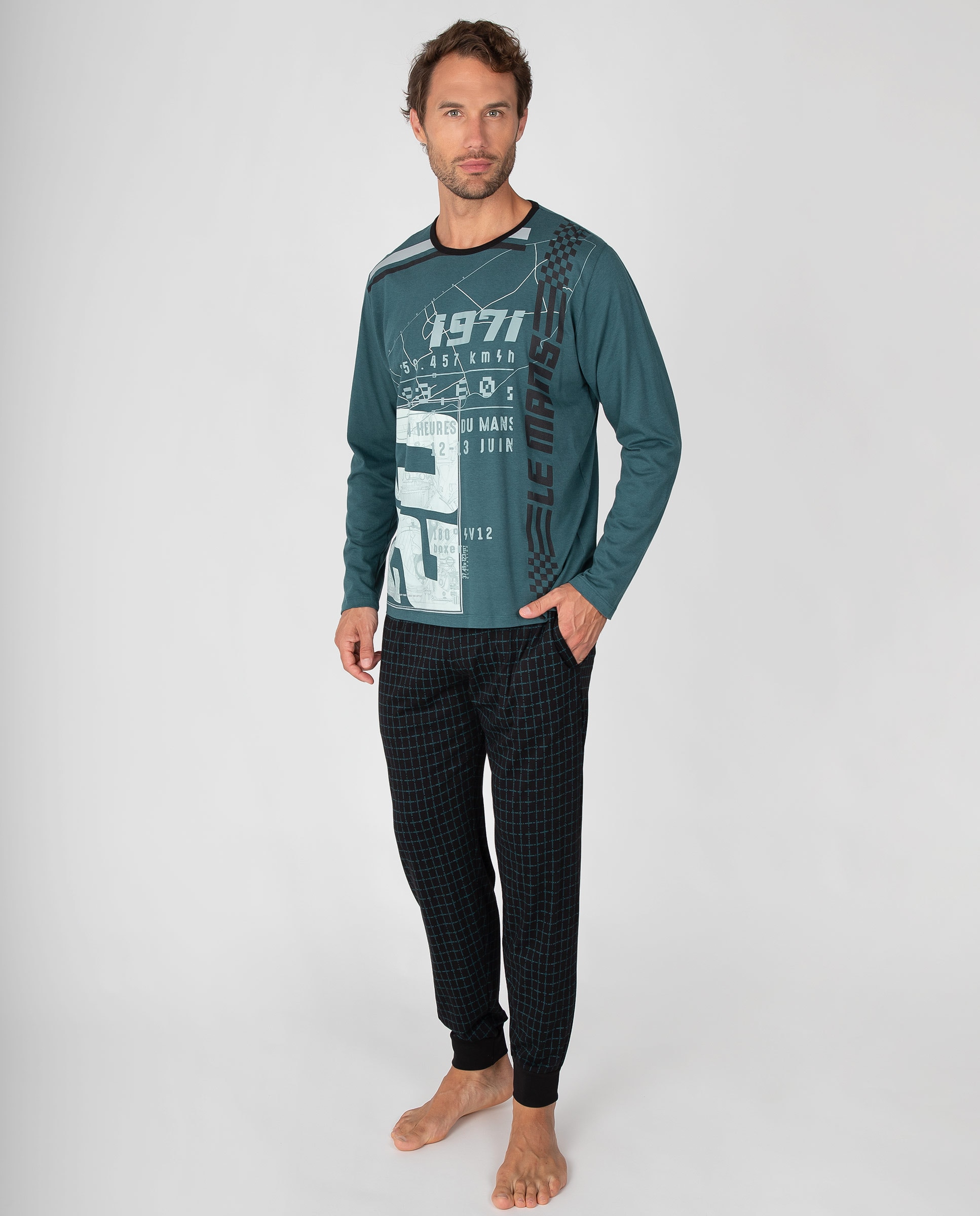 Imagen 1 de Pijama de hombre con camiseta estampada y pantalón de cuadros con bolsillos Verde