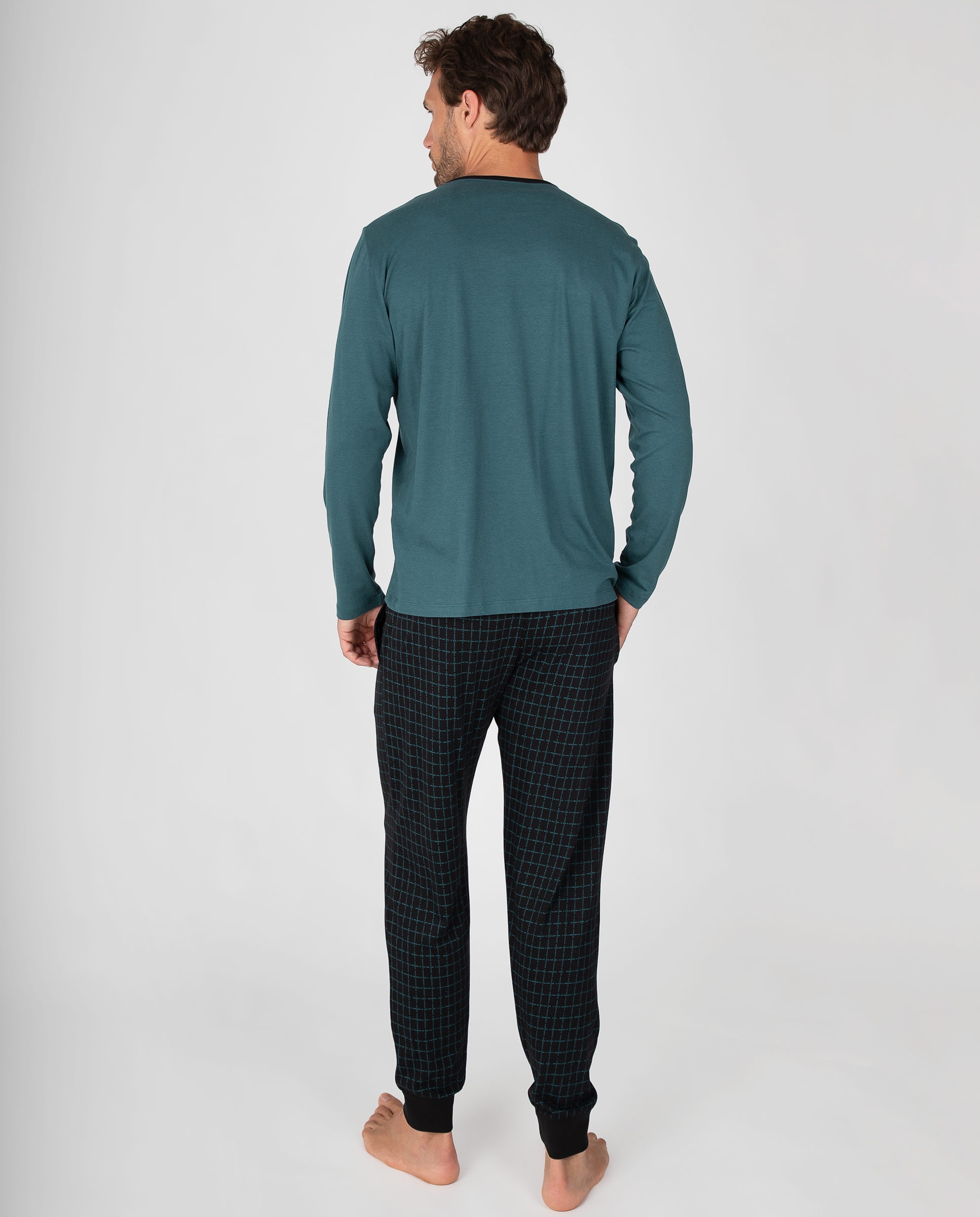 Imagen 2 de Pijama de hombre con camiseta estampada y pantalón de cuadros con bolsillos - Massana - Verde Verde