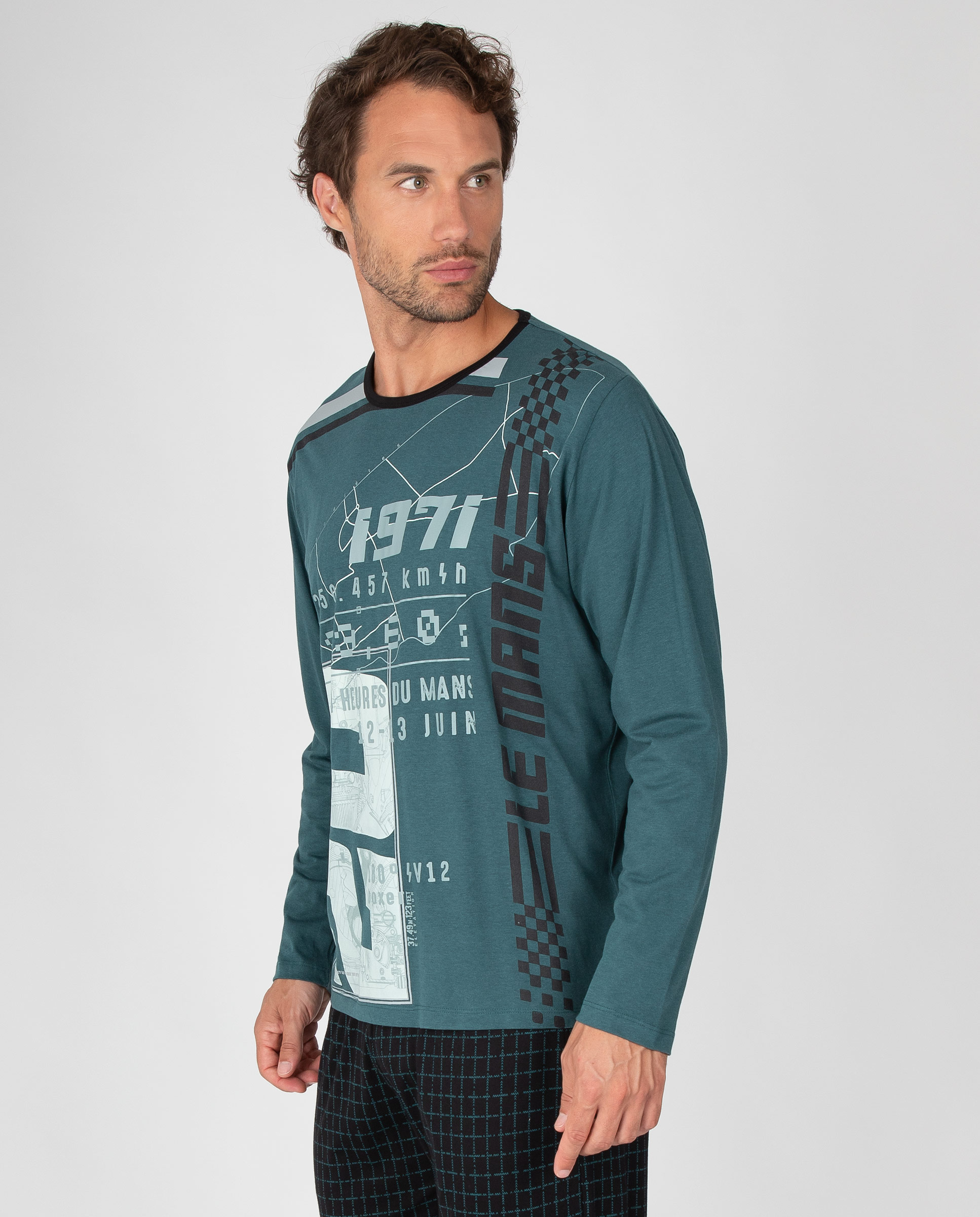 Imagen 3 de Pijama de hombre con camiseta estampada y pantalón de cuadros con bolsillos - Massana - Verde Verde