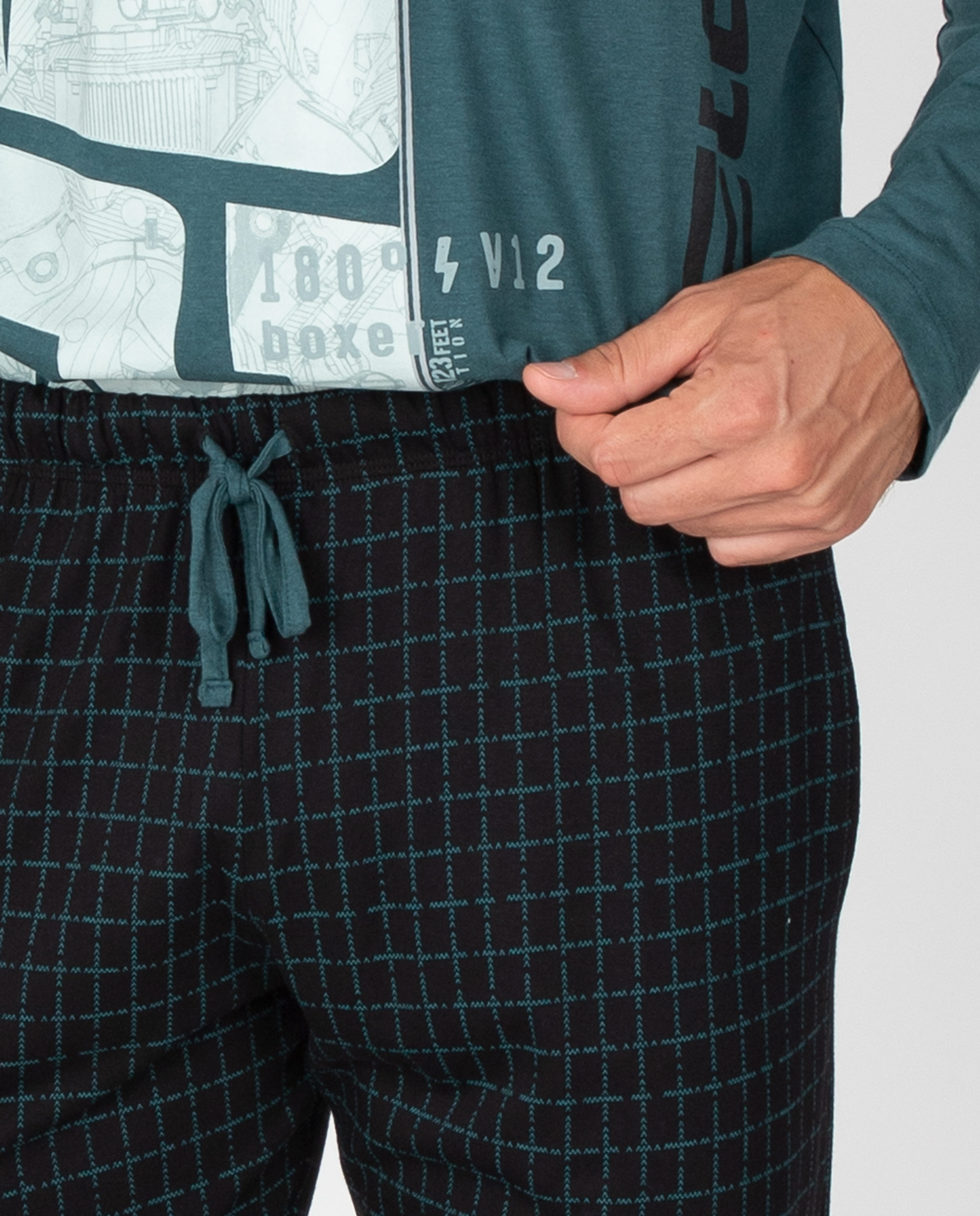 Imagen 4 de Pijama de hombre con camiseta estampada y pantalón de cuadros con bolsillos - Massana - Verde Verde