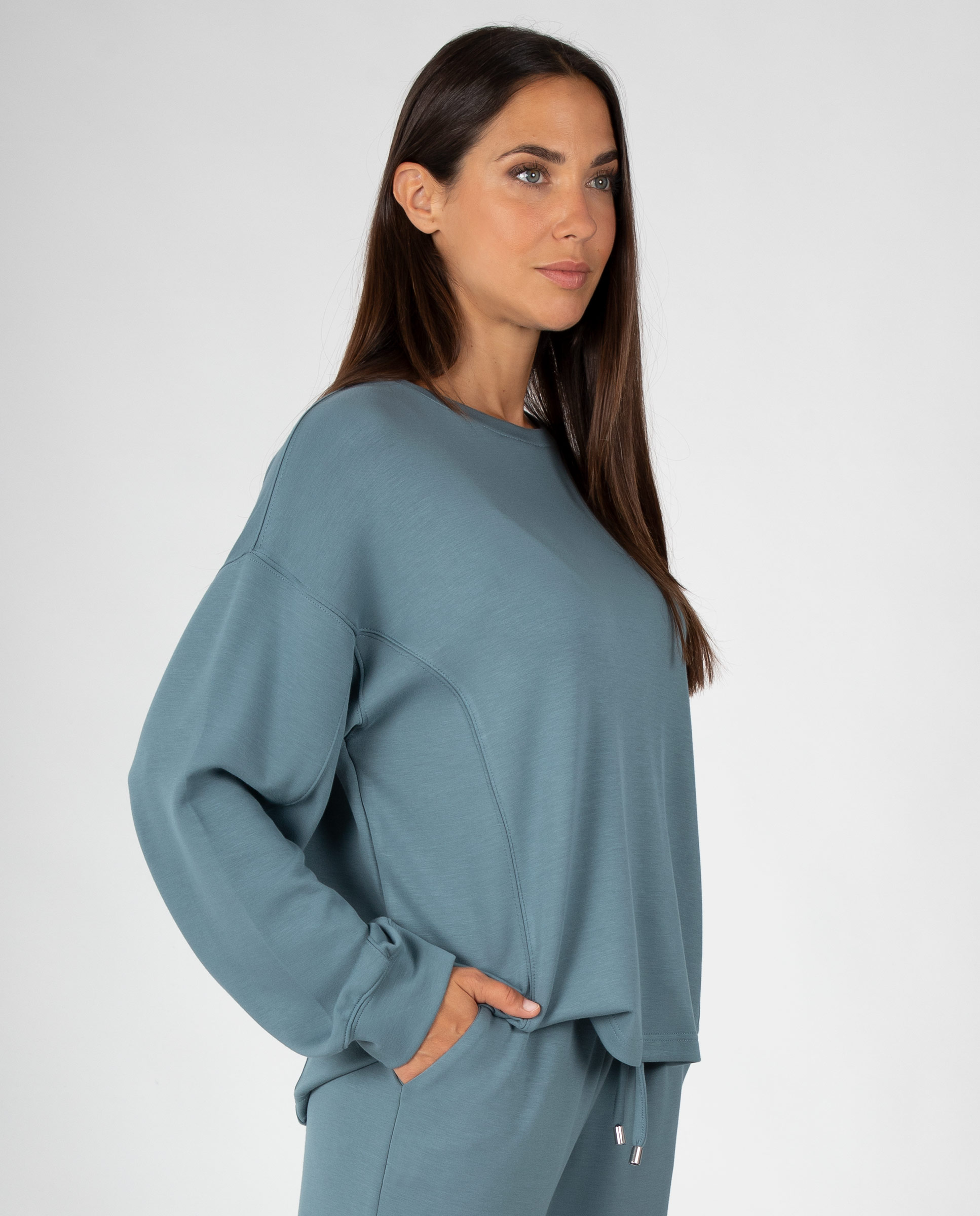 Sudadera de mujer lisa con costuras decorativas y puños mangas - Massana - Petróleo Petróleo-3
