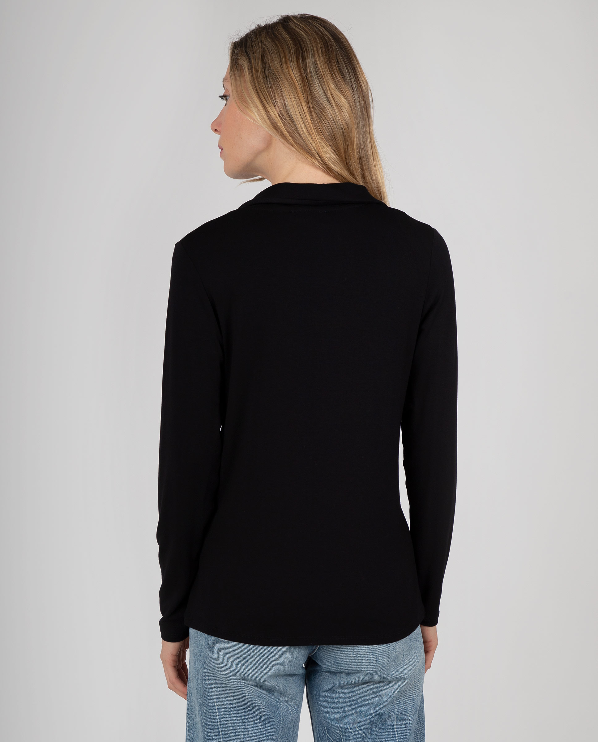 Camiseta lisa de mujer con cuello pico y solapa - Massana - Negro Negro-2