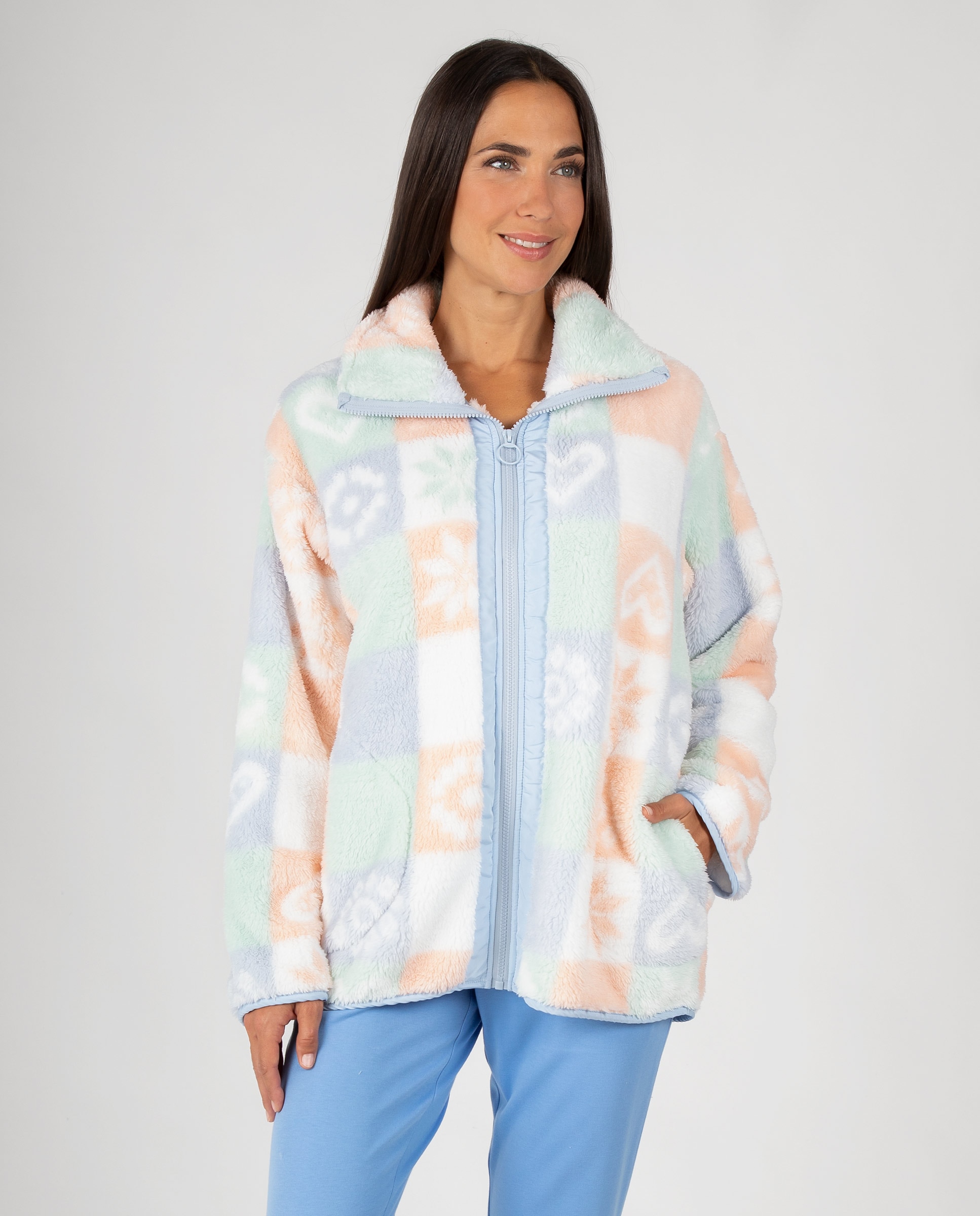 Bata corta de mujer en tejido polar con estampado difuminado, cremallera y bolsillos laterales - Massana - Azul claro Azul claro-1