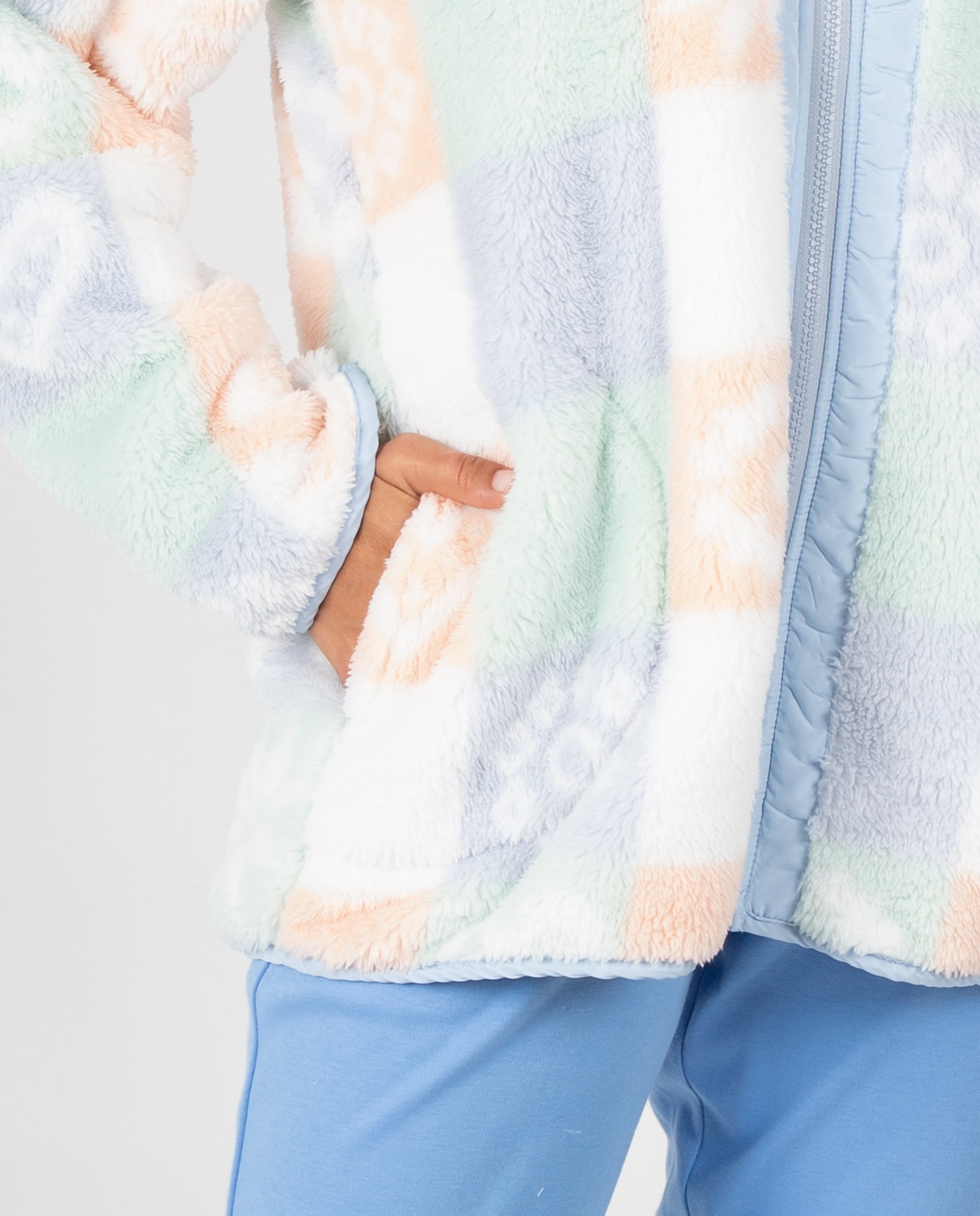 Bata corta de mujer en tejido polar con estampado difuminado, cremallera y bolsillos laterales - Massana - Azul claro Azul claro-3