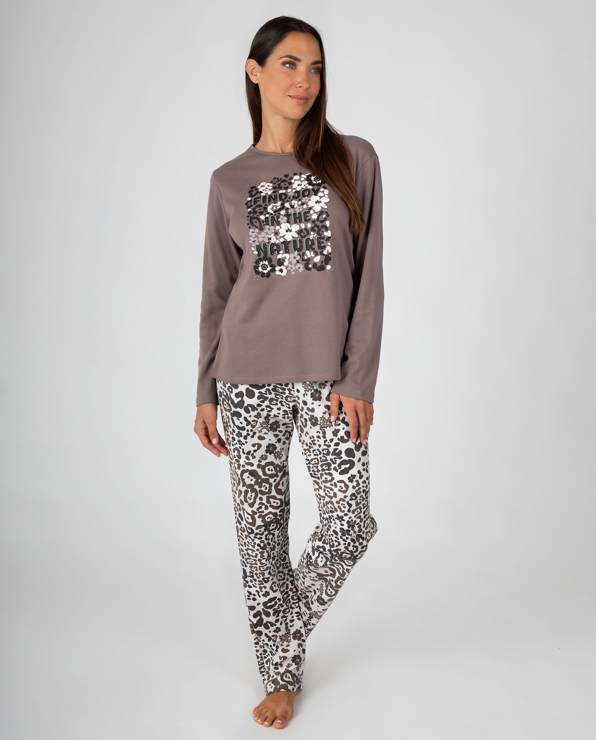 Pijama de mujer de manga larga con diseño floral y animal print y pantalón largo estampado - Massana - Marrón chocolate Marrón chocolate-1