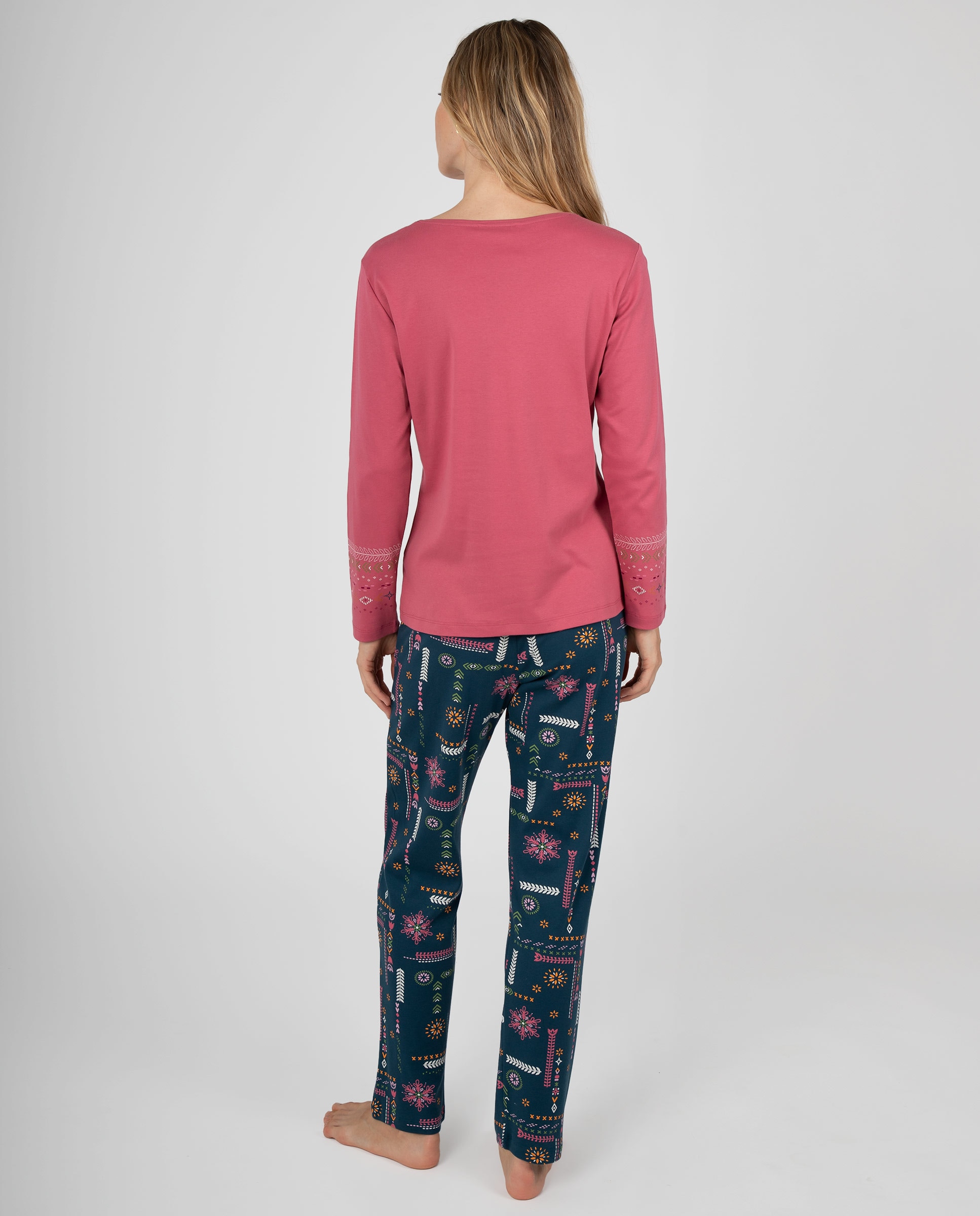 Pijama de mujer de manga larga con diseño gráfico frontal y pantalón estampado - Massana - Rosa Rosa-2