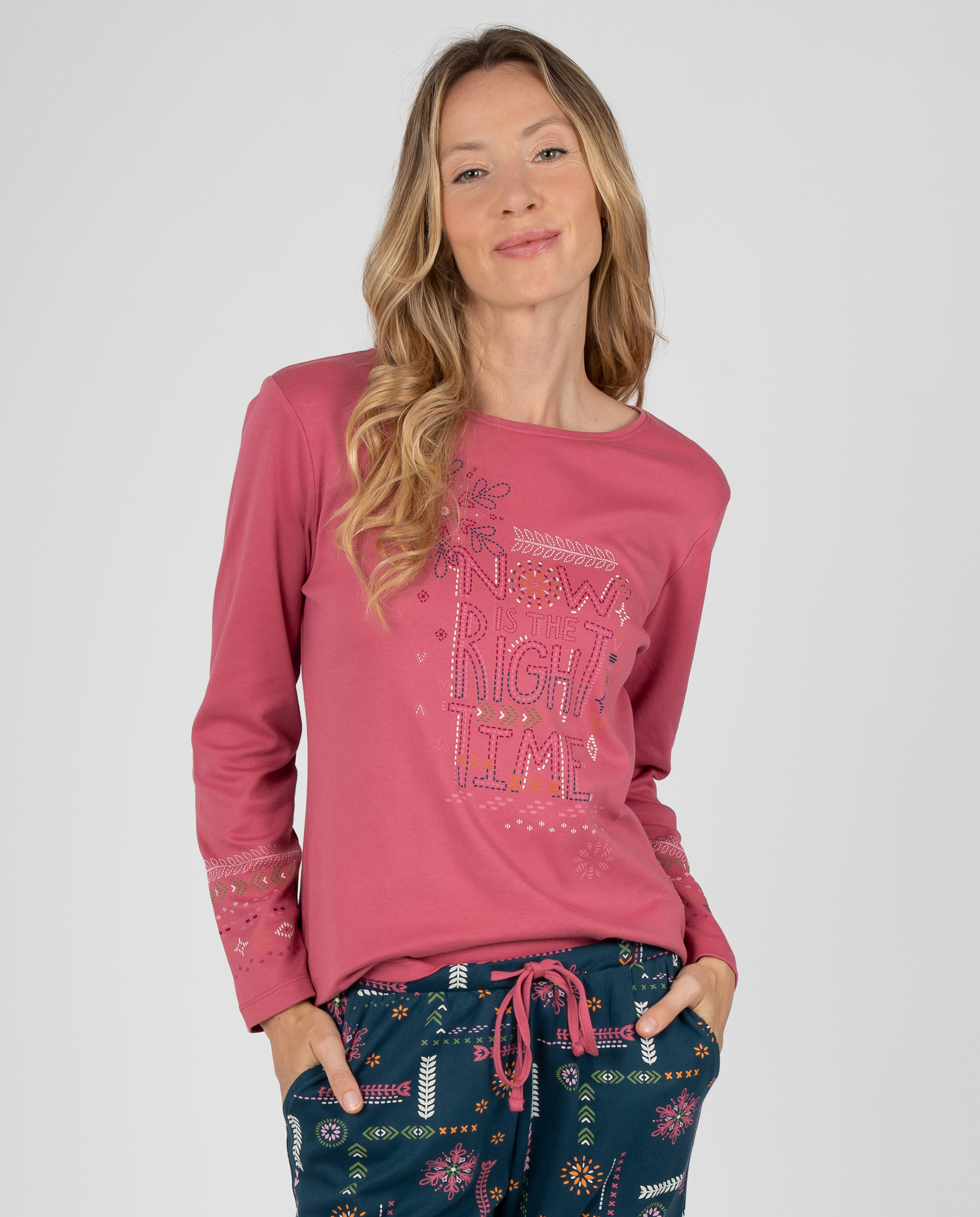 Pijama de mujer de manga larga con diseño gráfico frontal y pantalón estampado - Massana - Rosa Rosa-3