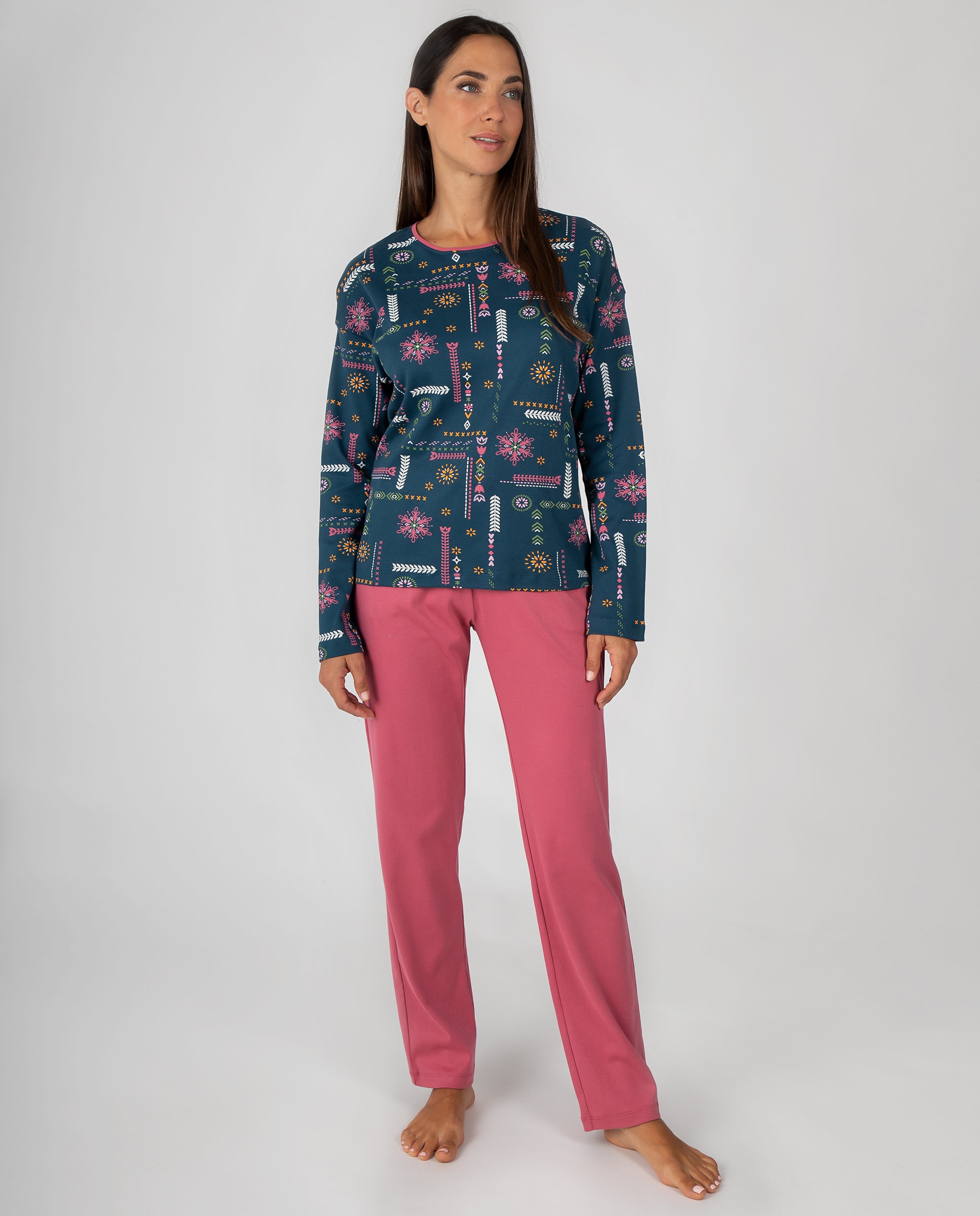 Imagen 1 de Pijama de mujer de manga larga con camiseta estampada y pantalón largo liso con bolsillos y puños Azul oscuro