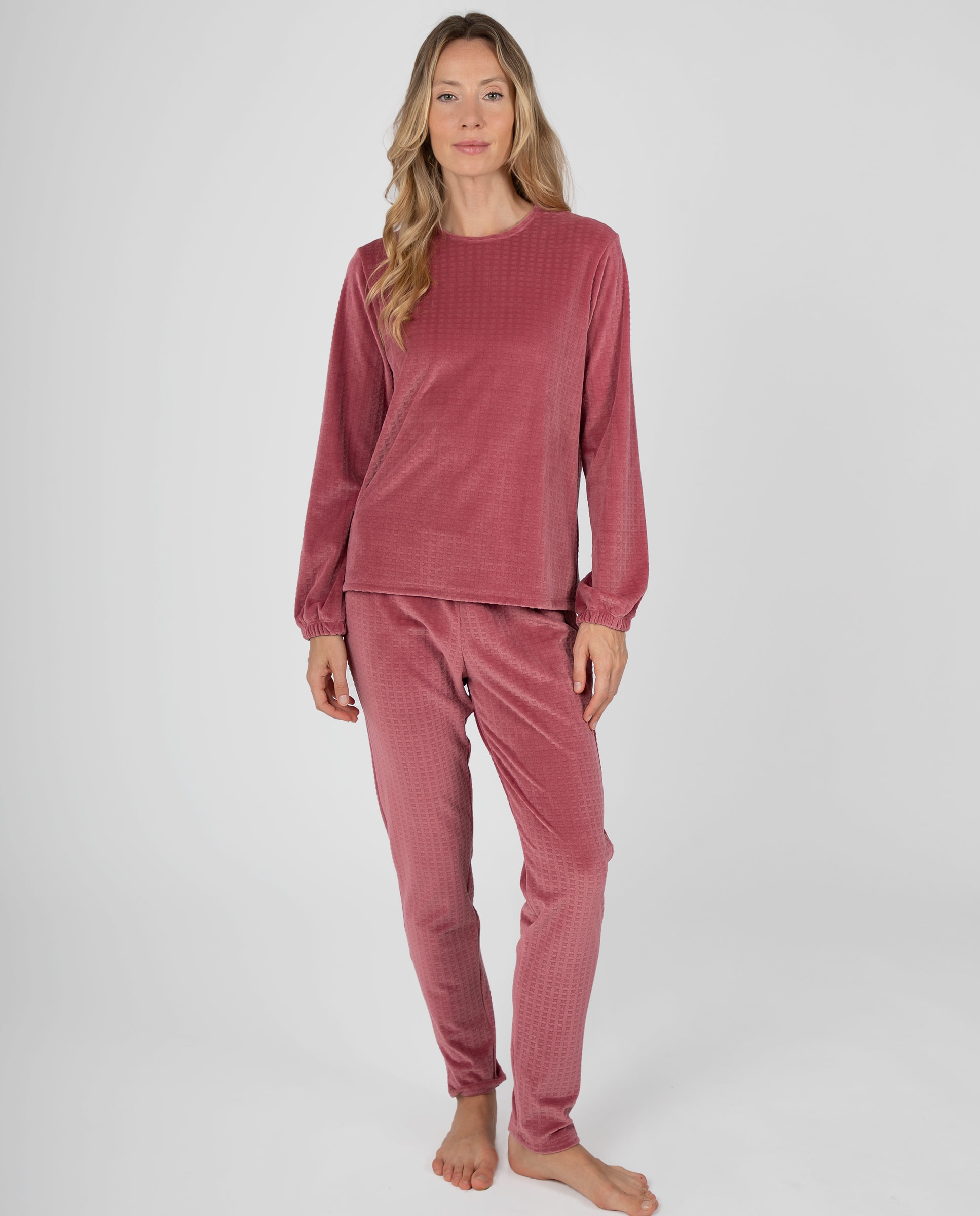 Pijama de mujer de manga larga con puños y tejido texturizado en relieve - Massana - Rosa Rosa-1