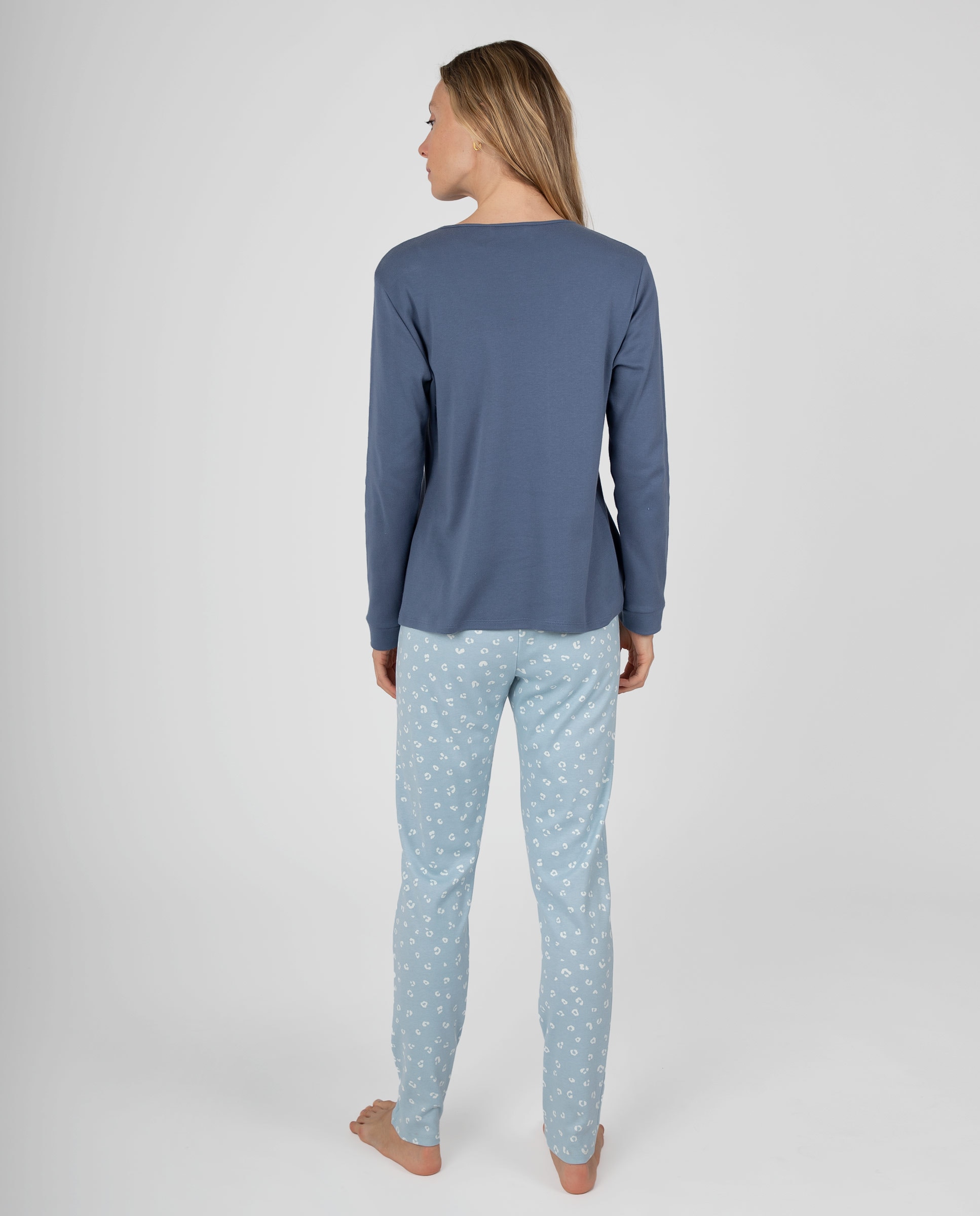 Pijama de mujer de manga larga con cuello ligeramente en pico y pantalón estampado - Massana - Azul oscuro Azul oscuro-2