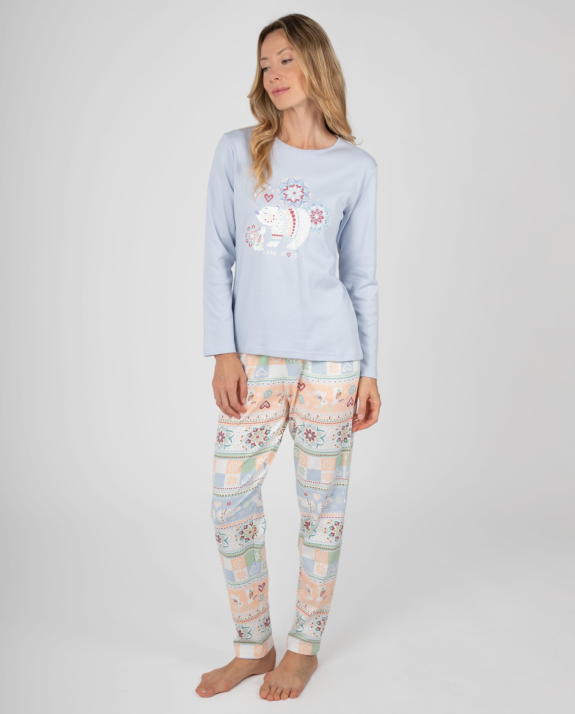 Pijama de mujer de manga larga con diseño gráfico y pantalón estampado con puños - Massana - Azul claro Azul claro-1