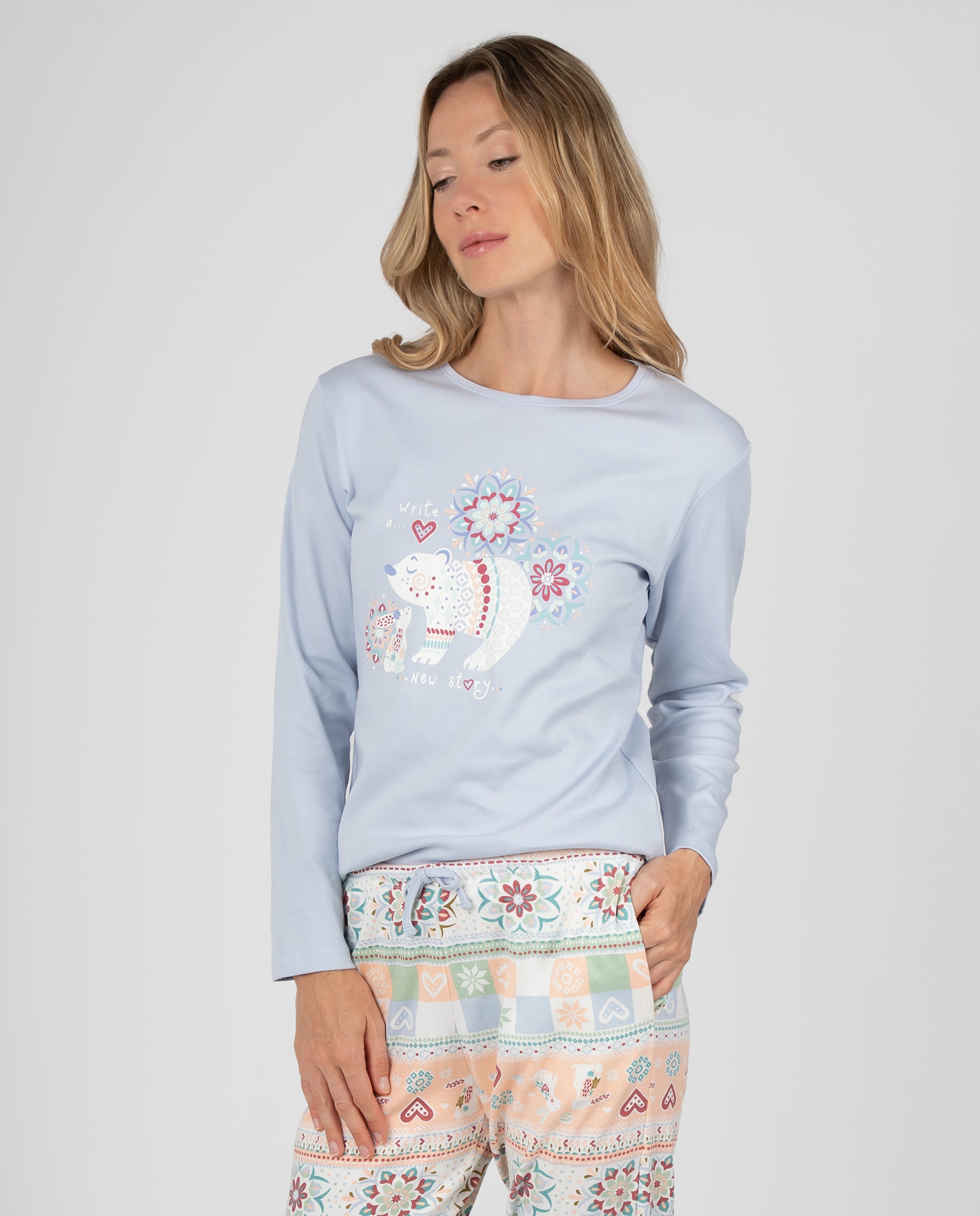 Pijama de mujer de manga larga con diseño gráfico y pantalón estampado con puños - Massana - Azul claro Azul claro-3