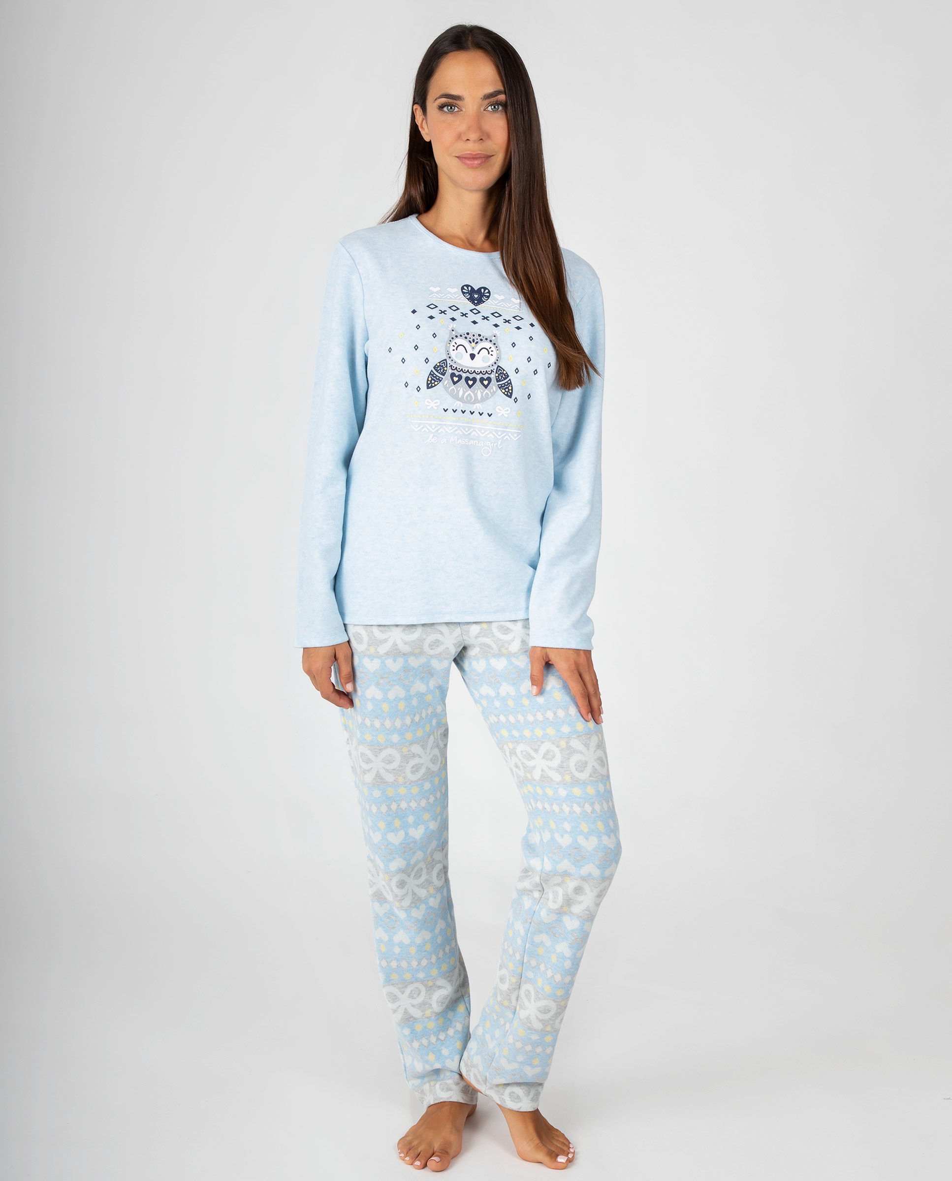 Pijama de mujer de manga larga con estampado de pingüino y pantalón cenefas - Massana - Azul claro Azul claro-1